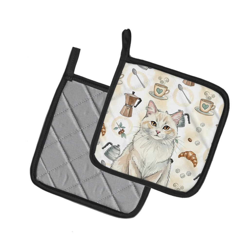 Cream and White Cat Coffee Time Pot Holder Set of 2 Heat Resistant Quilted Hot Pads 7.5 x 7.5 Inch, Insulated Kitchen Trivets for Cooking & Baking