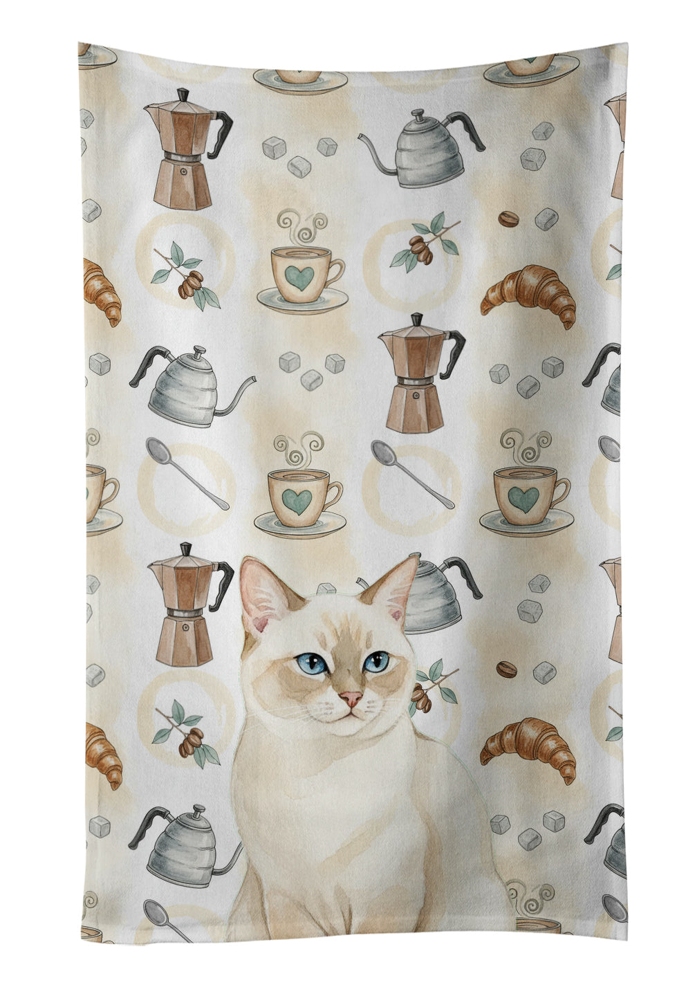 Cream Point Cat Coffee Time Kitchen Towel Velour Plush Front and Cotton Loop Back Machine Washable