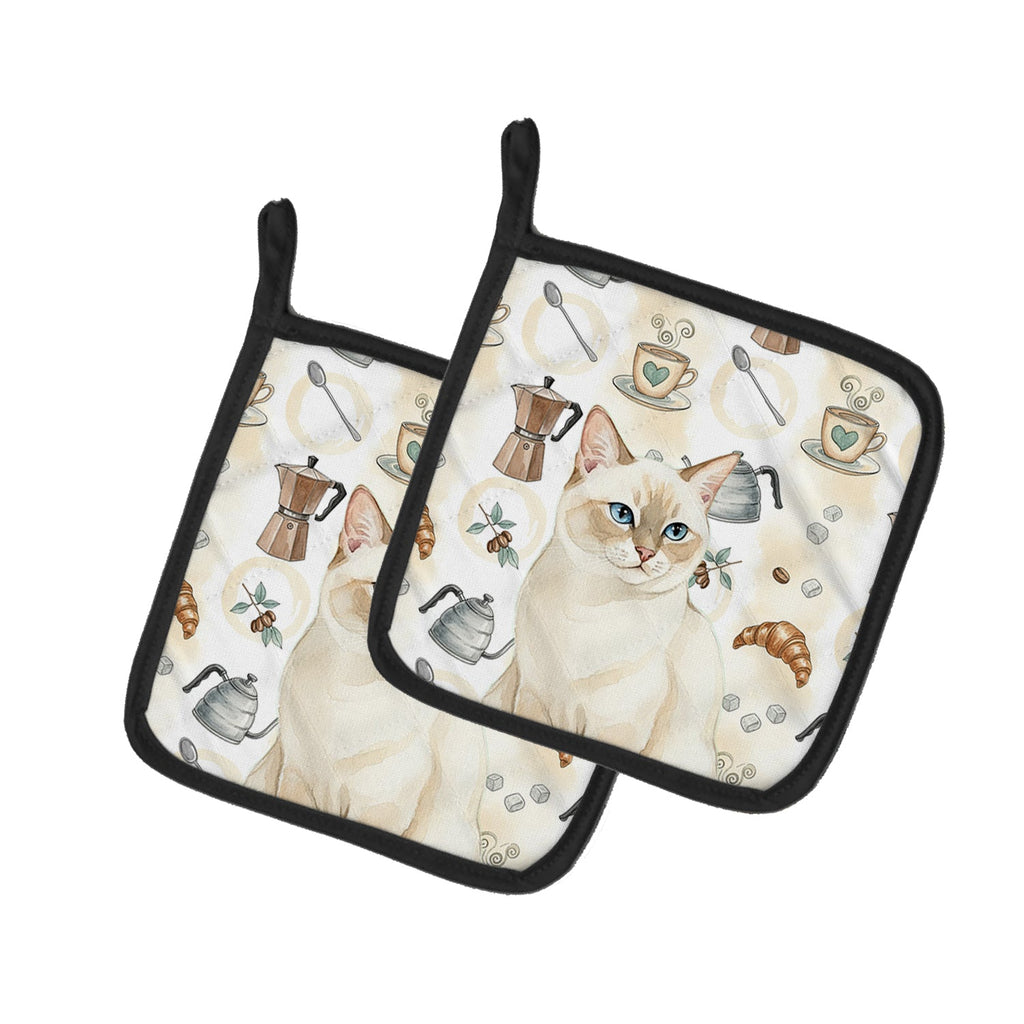 Cream Point Cat Coffee Time Pot Holder Set of 2 Heat Resistant Quilted Hot Pads 7.5 x 7.5 Inch, Insulated Kitchen Trivets for Cooking & Baking