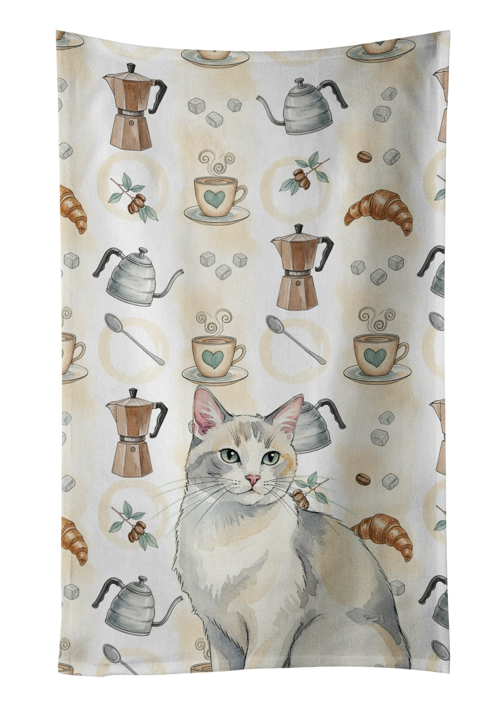 Dilute Calico Cat Coffee Time Kitchen Towel Velour Plush Front and Cotton Loop Back Machine Washable