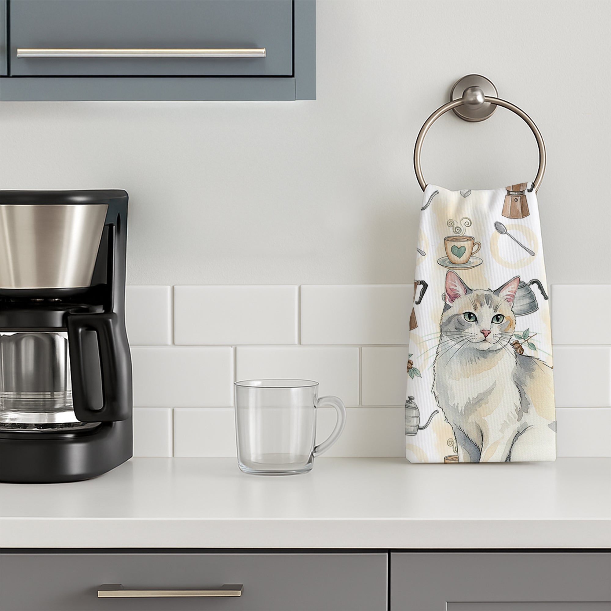 Dilute Calico Cat Coffee Time Kitchen Towel Velour Plush Front and Cotton Loop Back Machine Washable