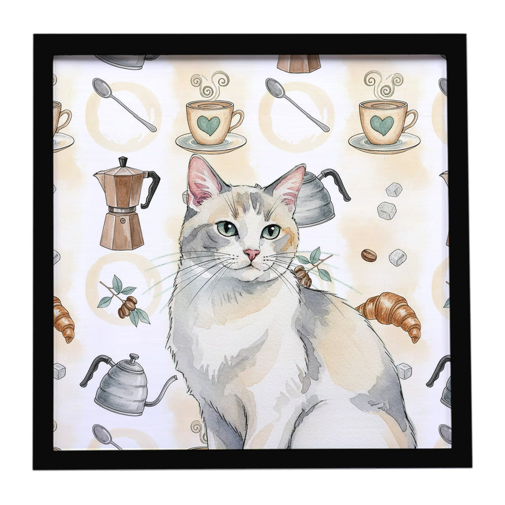 Dilute Calico Cat Coffee Time Framed Metal Print Bathroom, Kitchen, Office, Home Decor Wall Art Ready to Hang, Square, 8X8
