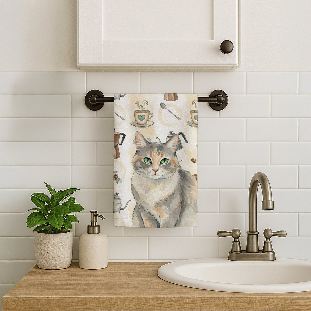 Dilute Tortoiseshell Cat Coffee Time Kitchen Towel Velour Plush Front and Cotton Loop Back Machine Washable