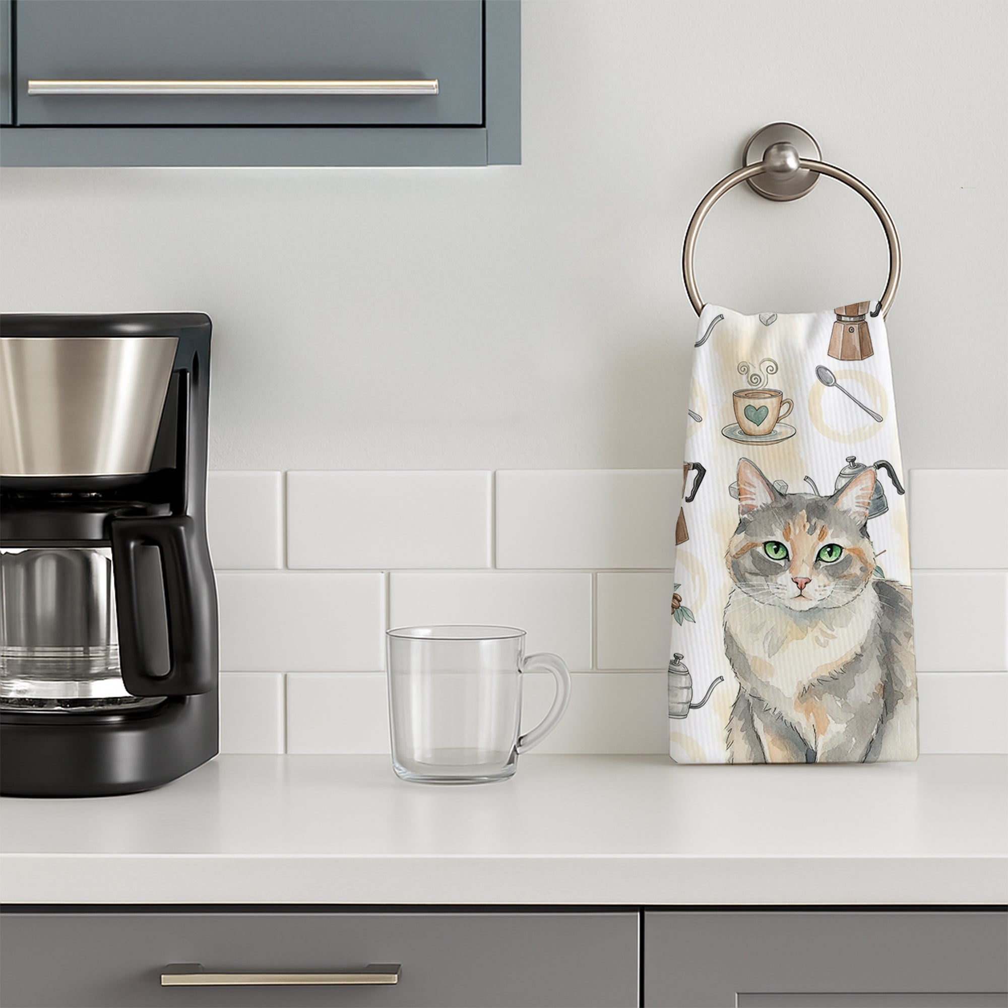 Dilute Tortoiseshell Cat Coffee Time Kitchen Towel Velour Plush Front and Cotton Loop Back Machine Washable