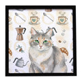 Dilute Tortoiseshell Cat Coffee Time Framed Metal Print Bathroom, Kitchen, Office, Home Decor Wall Art Ready to Hang, Square, 8X8