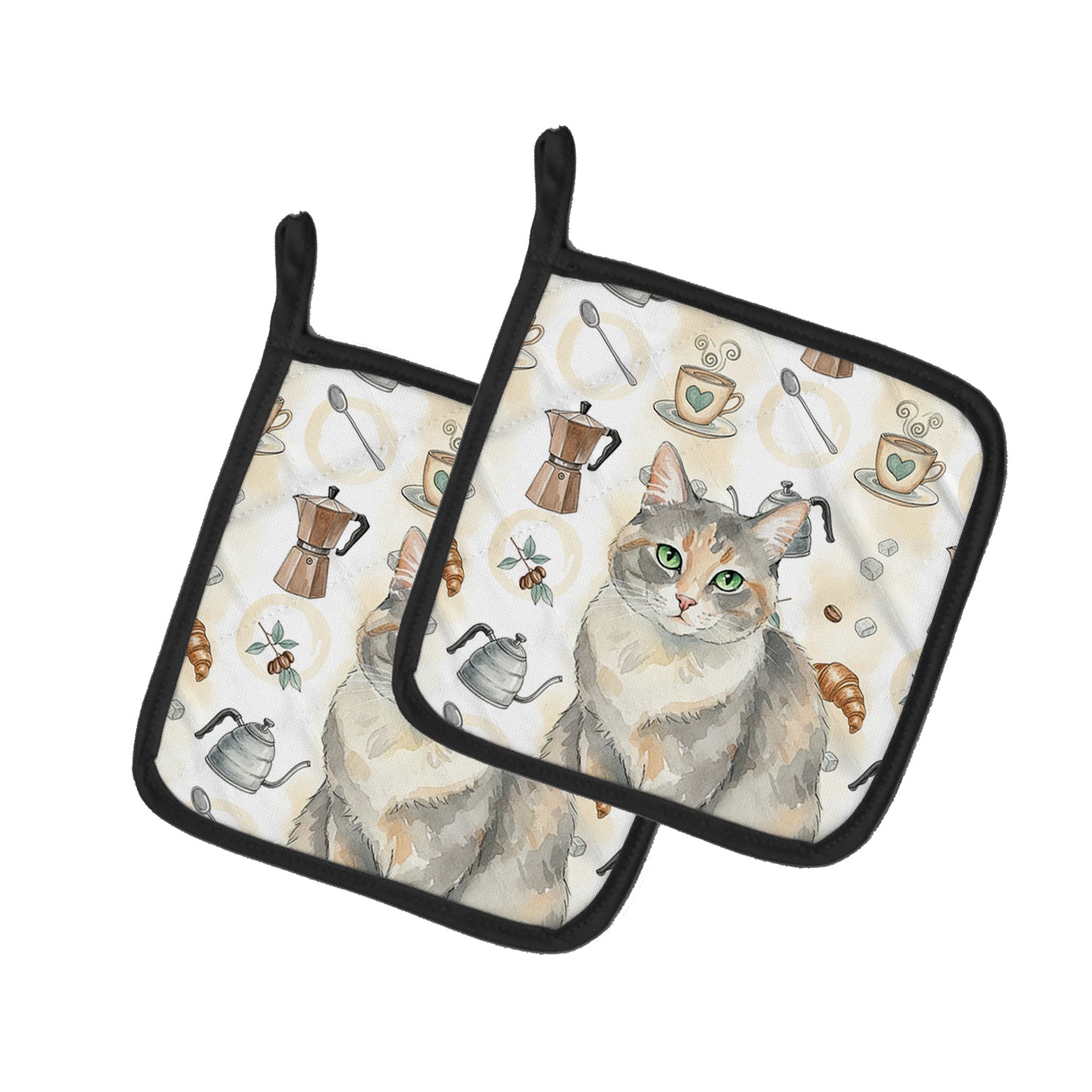 Dilute Tortoiseshell Cat Coffee Time Pot Holder Set of 2 Heat Resistant Quilted Hot Pads 7.5 x 7.5 Inch, Insulated Kitchen Trivets for Cooking & Baking