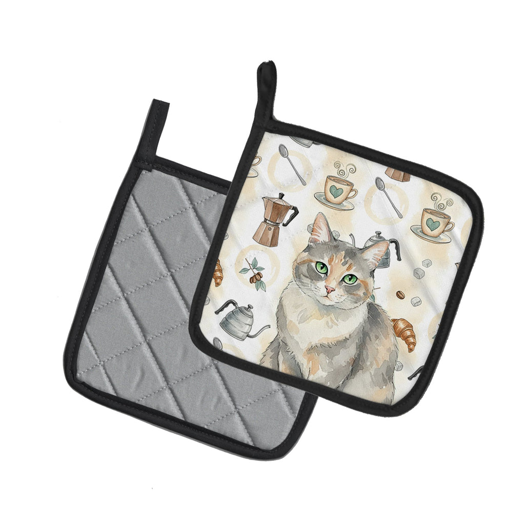 Dilute Tortoiseshell Cat Coffee Time Pot Holder Set of 2 Heat Resistant Quilted Hot Pads 7.5 x 7.5 Inch, Insulated Kitchen Trivets for Cooking & Baking