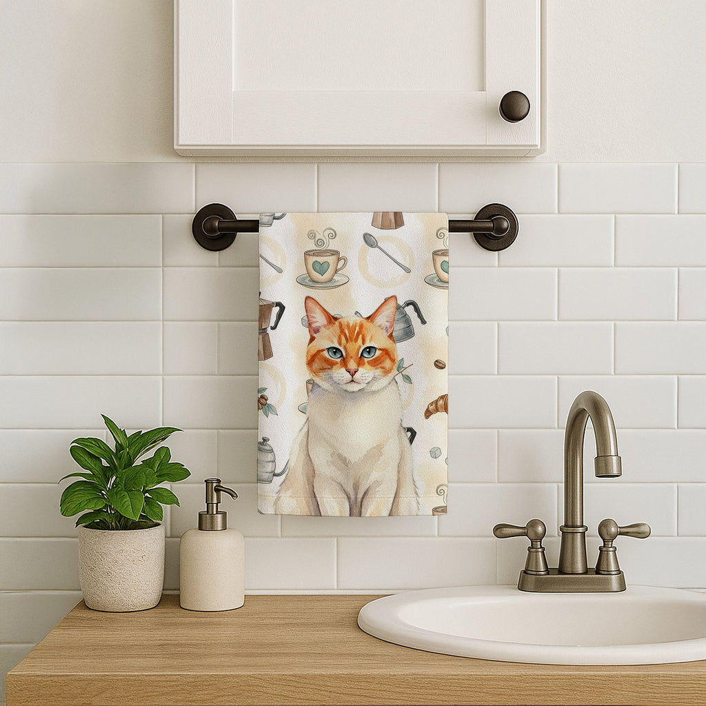 Flame Point Cat Coffee Time Kitchen Towel Velour Plush Front and Cotton Loop Back Machine Washable