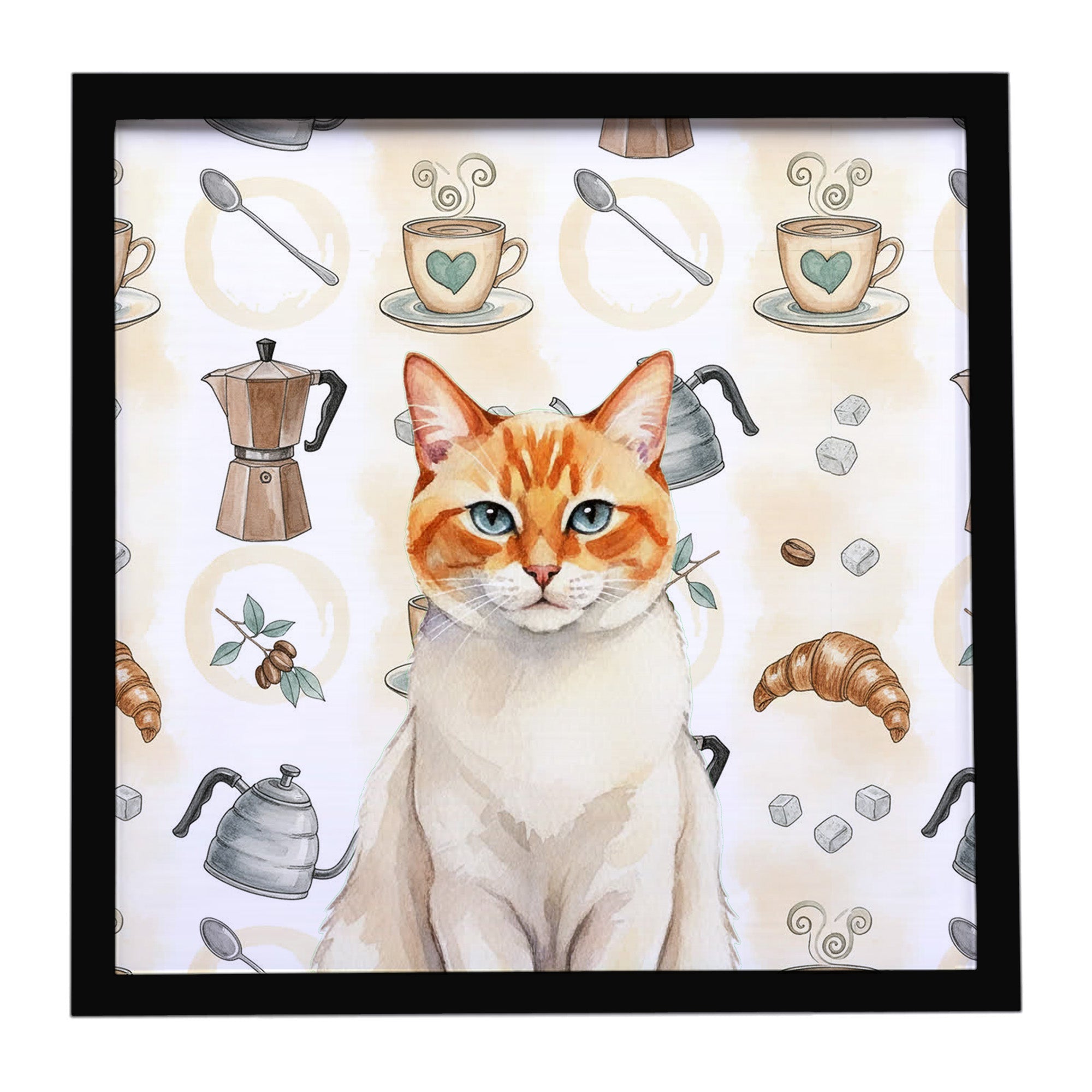 Flame Point Cat Coffee Time Framed Metal Print Bathroom, Kitchen, Office, Home Decor Wall Art Ready to Hang, Square, 8X8