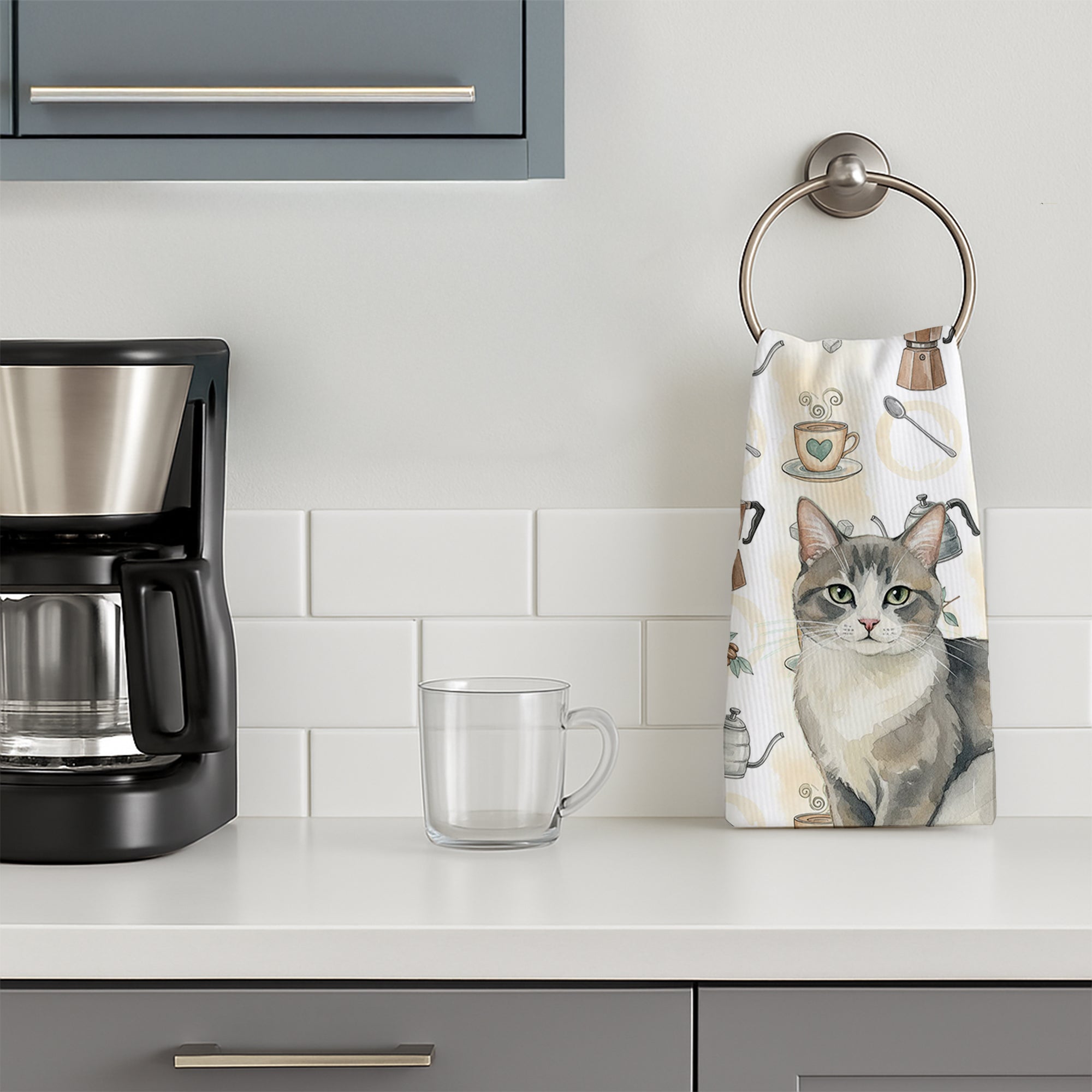 Gray and White Cat Coffee Time Kitchen Towel Velour Plush Front and Cotton Loop Back Machine Washable