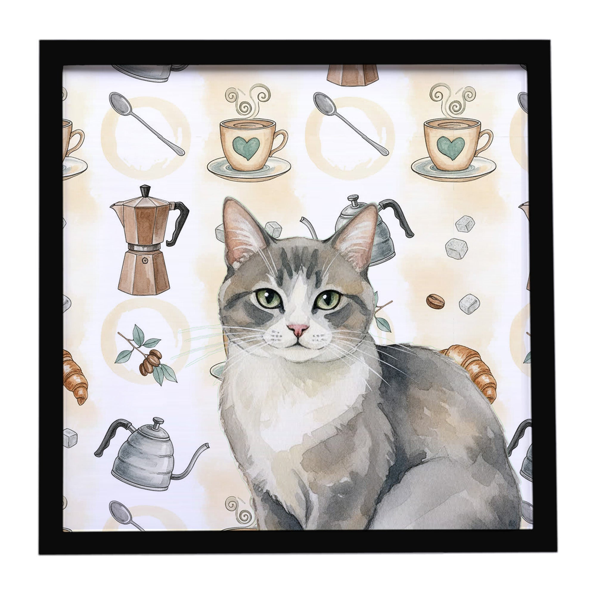 Gray and White Cat Coffee Time Framed Metal Print Bathroom, Kitchen, Office, Home Decor Wall Art Ready to Hang, Square, 8X8