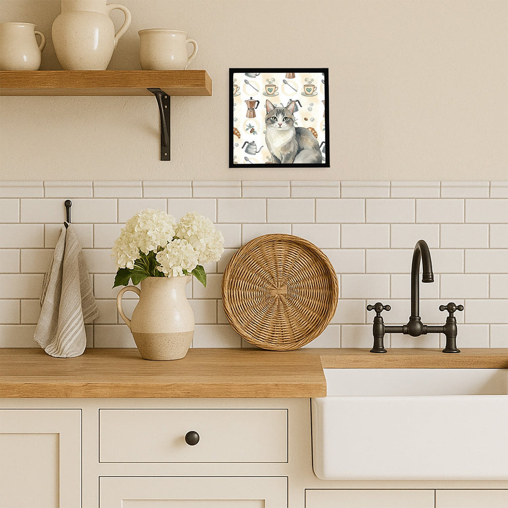 Gray and White Cat Coffee Time Framed Metal Print Bathroom, Kitchen, Office, Home Decor Wall Art Ready to Hang, Square, 8X8
