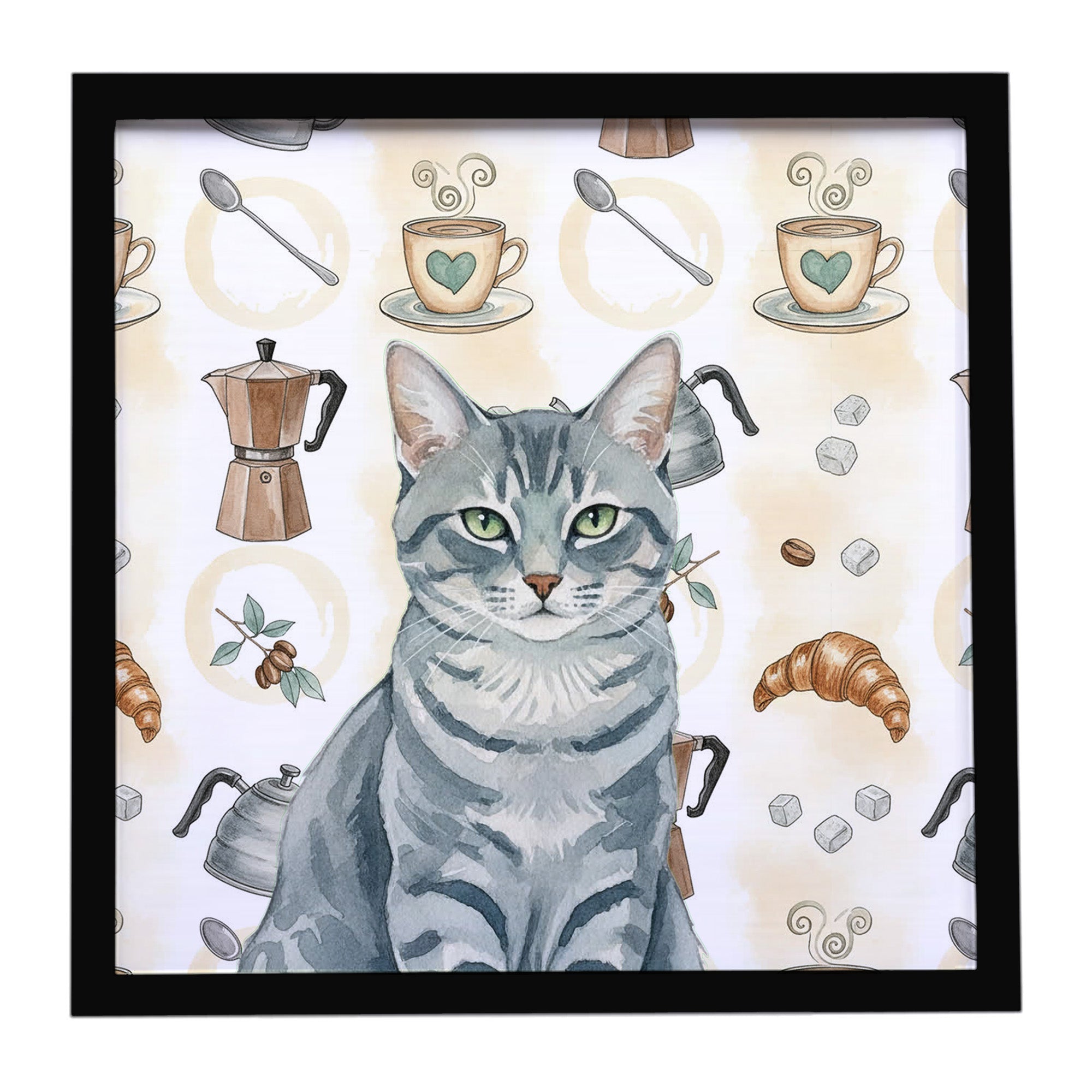 Gray Mackerel Tabby Cat Coffee Time Framed Metal Print Bathroom, Kitchen, Office, Home Decor Wall Art Ready to Hang, Square, 8X8