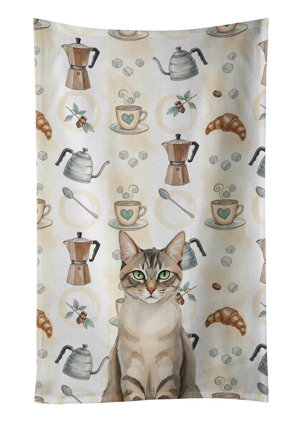 Lynx Point Tabby Cat Coffee Time Kitchen Towel Velour Plush Front and Cotton Loop Back Machine Washable