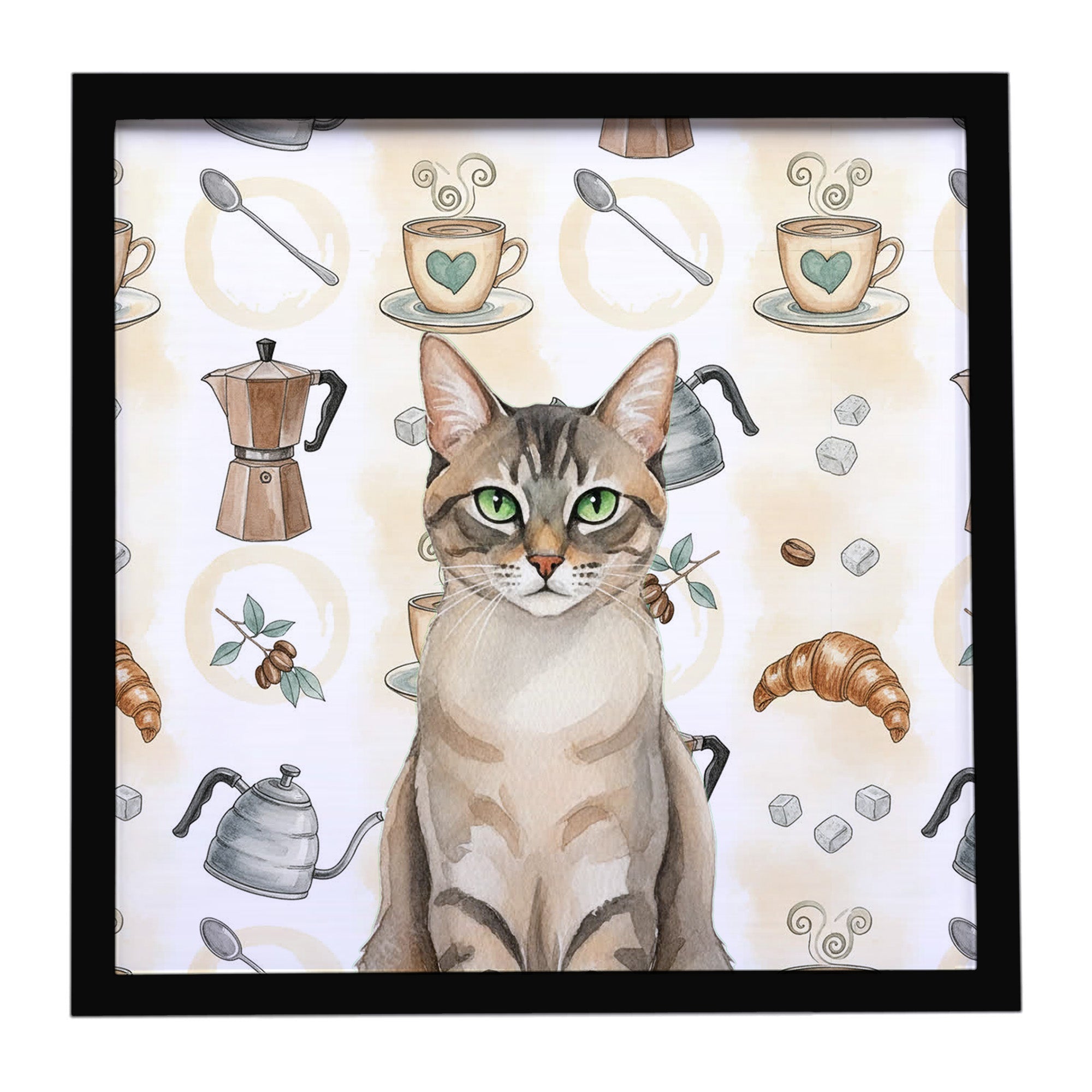 Lynx Point Tabby Cat Coffee Time Framed Metal Print Bathroom, Kitchen, Office, Home Decor Wall Art Ready to Hang, Square, 8X8