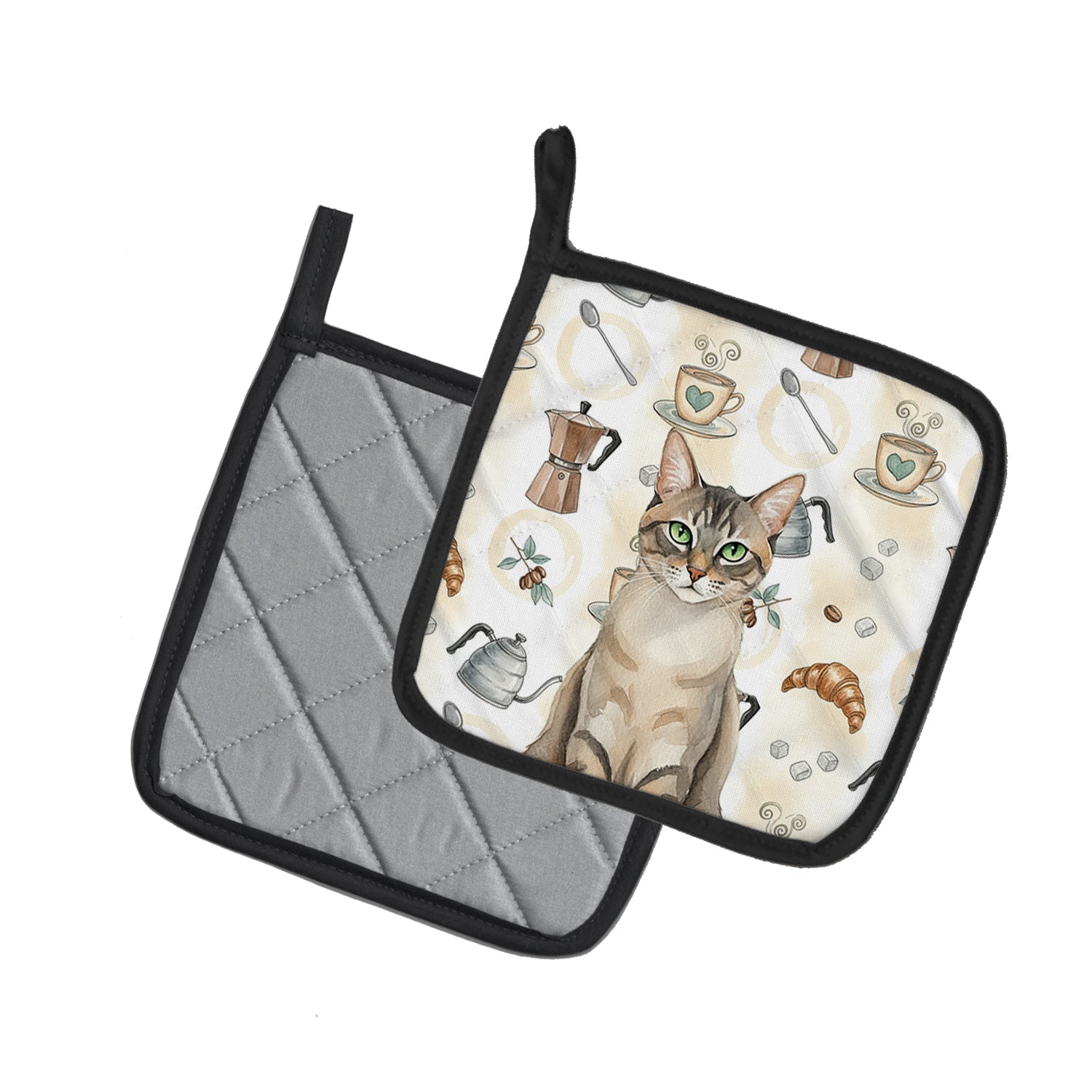 Lynx Point Tabby Cat Coffee Time Pot Holder Set of 2 Heat Resistant Quilted Hot Pads 7.5 x 7.5 Inch, Insulated Kitchen Trivets for Cooking & Baking