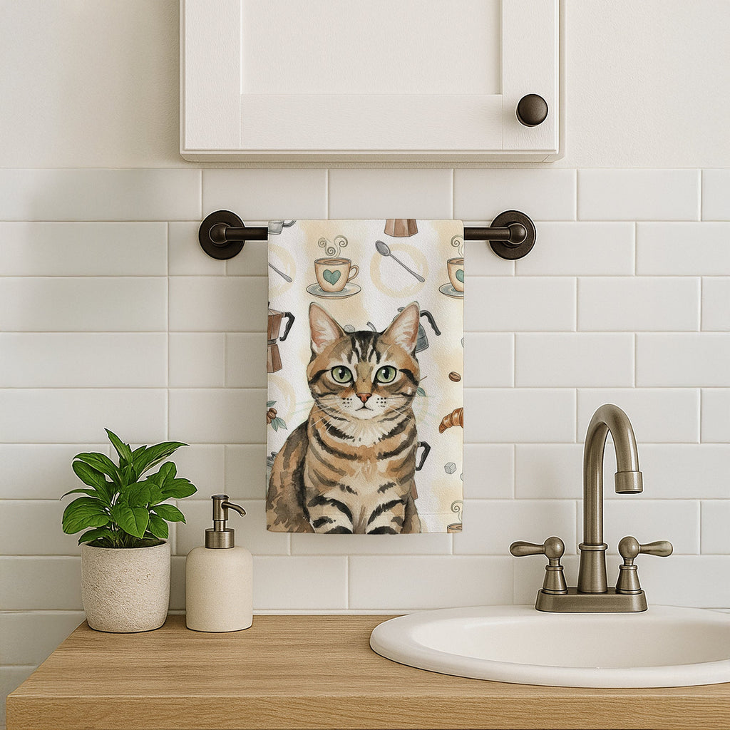 Mackerel Tabby Brown Cat Coffee Time Kitchen Towel Velour Plush Front and Cotton Loop Back Machine Washable