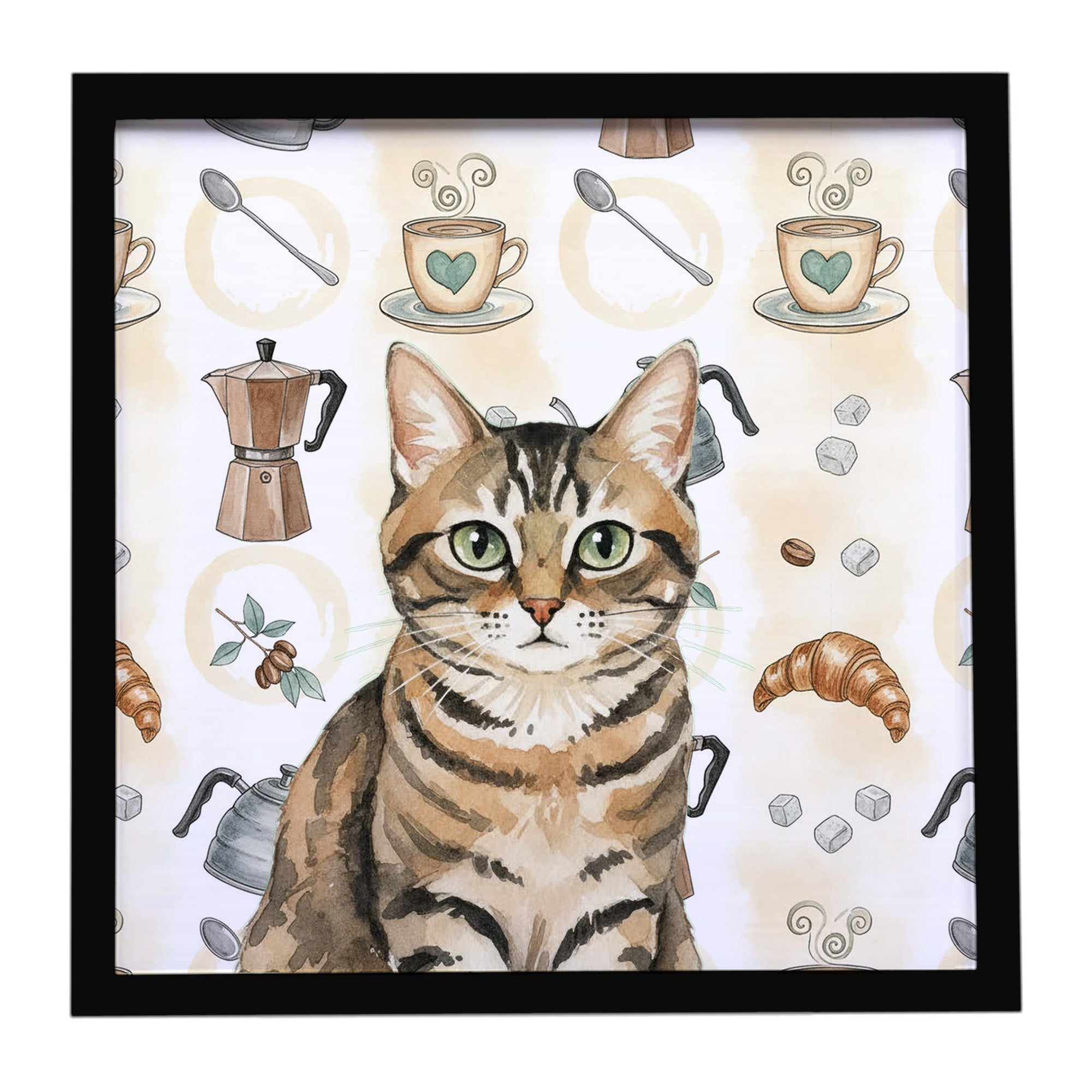 Mackerel Tabby Brown Cat Coffee Time Framed Metal Print Bathroom, Kitchen, Office, Home Decor Wall Art Ready to Hang, Square, 8X8