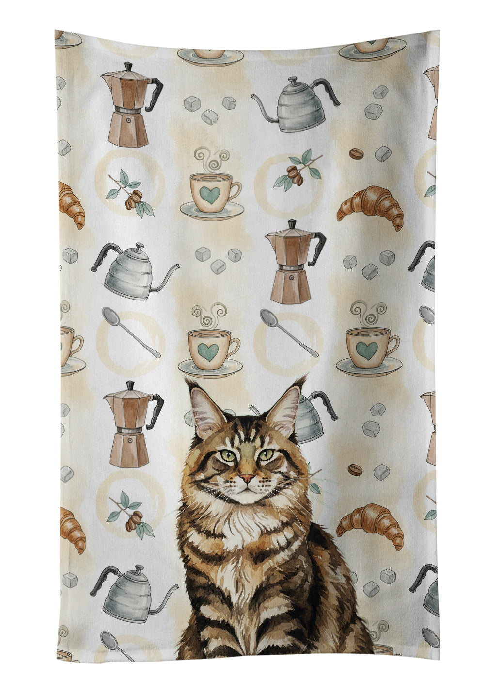 MaineCoon Brown Tabby Cat Coffee Time Kitchen Towel Velour Plush Front and Cotton Loop Back Machine Washable