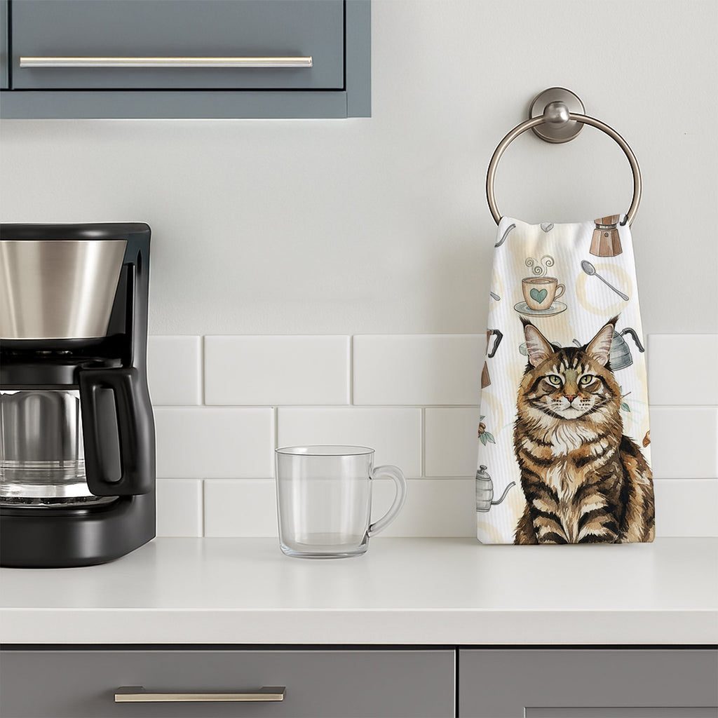 MaineCoon Brown Tabby Cat Coffee Time Kitchen Towel Velour Plush Front and Cotton Loop Back Machine Washable