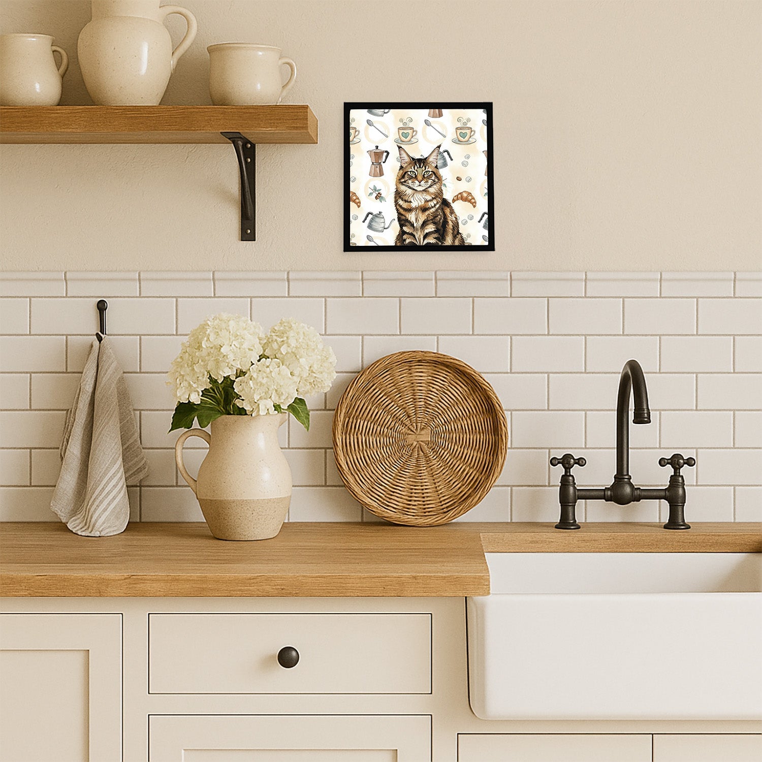 MaineCoon Brown Tabby Cat Coffee Time Framed Metal Print Bathroom, Kitchen, Office, Home Decor Wall Art Ready to Hang, Square, 8X8