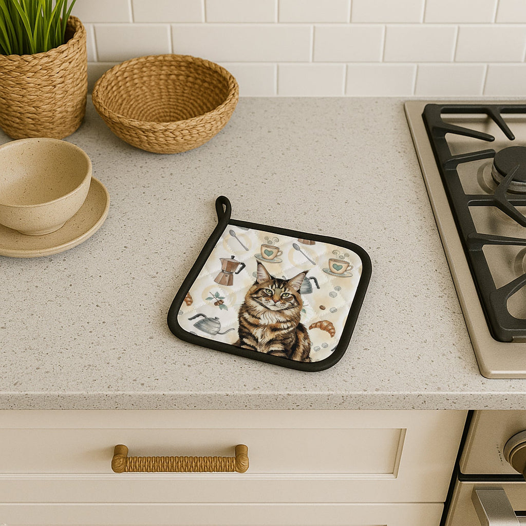 MaineCoon Brown Tabby Cat Coffee Time Pot Holder Set of 2 Heat Resistant Quilted Hot Pads 7.5 x 7.5 Inch, Insulated Kitchen Trivets for Cooking & Baking