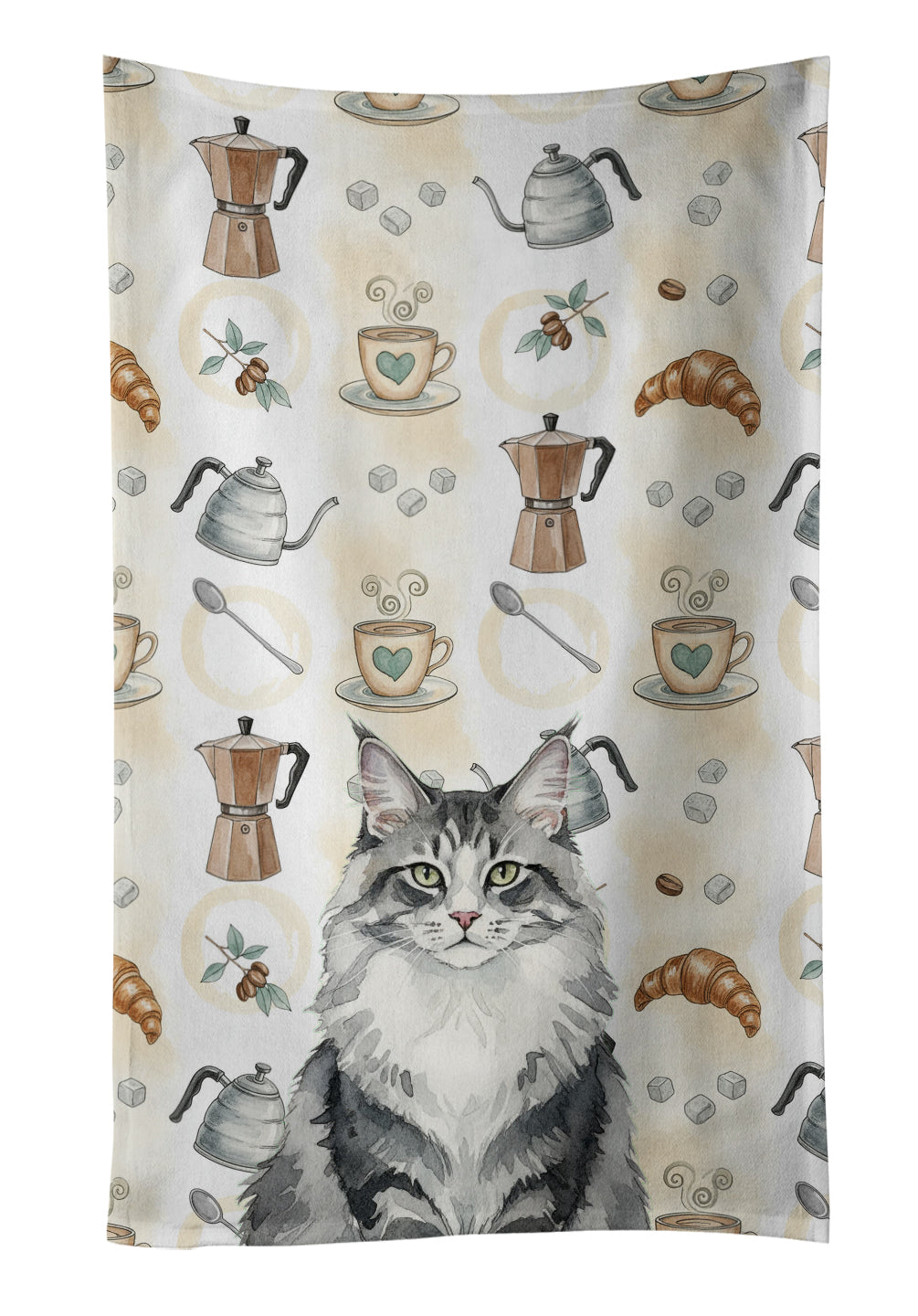 Norwegian Forest Cat Gray and White Cat Coffee Time Kitchen Towel Velour Plush Front and Cotton Loop Back Machine Washable