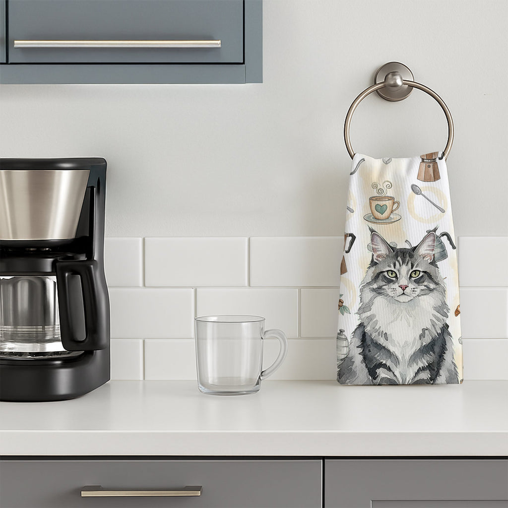 Norwegian Forest Cat Gray and White Cat Coffee Time Kitchen Towel Velour Plush Front and Cotton Loop Back Machine Washable