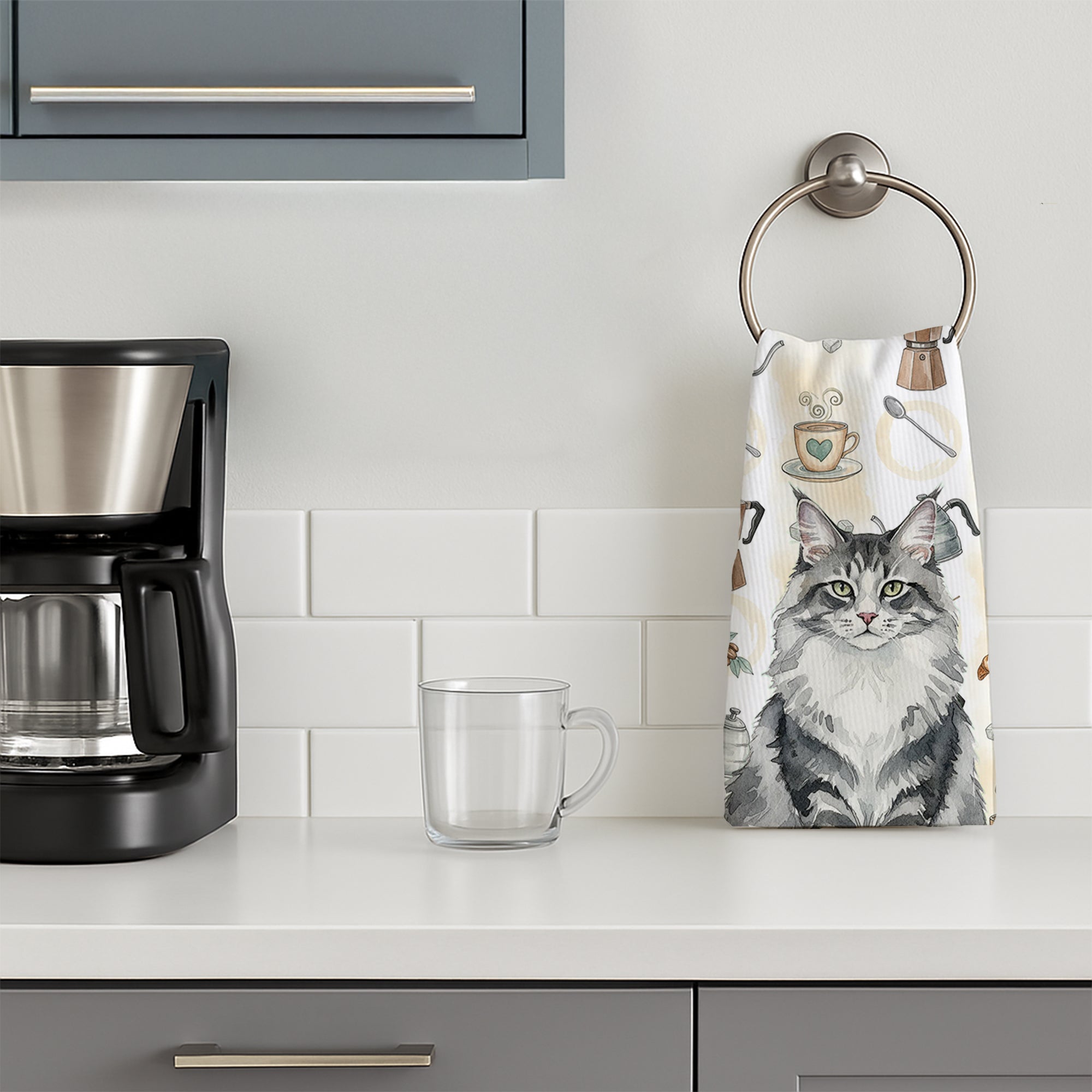 Norwegian Forest Cat Gray and White Cat Coffee Time Kitchen Towel Velour Plush Front and Cotton Loop Back Machine Washable