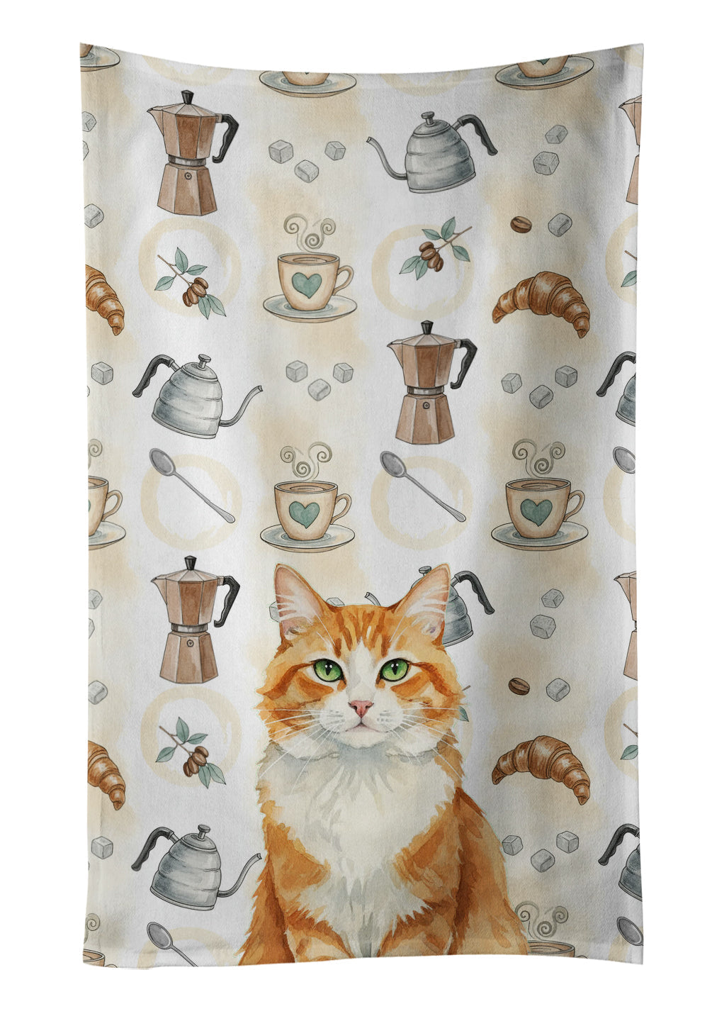 Orange and White Cat Coffee Time Kitchen Towel Velour Plush Front and Cotton Loop Back Machine Washable