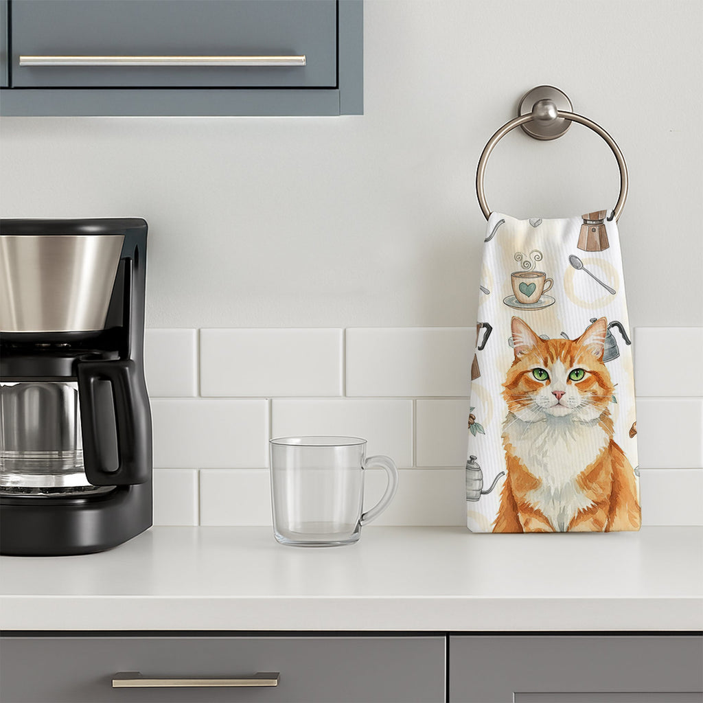 Orange and White Cat Coffee Time Kitchen Towel Velour Plush Front and Cotton Loop Back Machine Washable