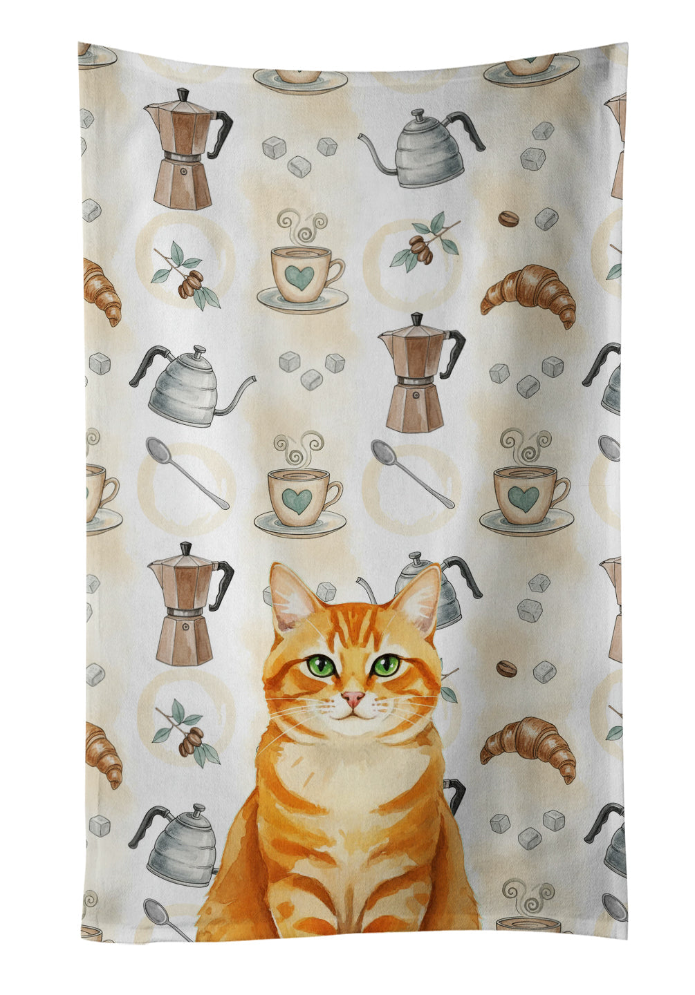 Orange Classic Tabby Cat Coffee Time Kitchen Towel Velour Plush Front and Cotton Loop Back Machine Washable