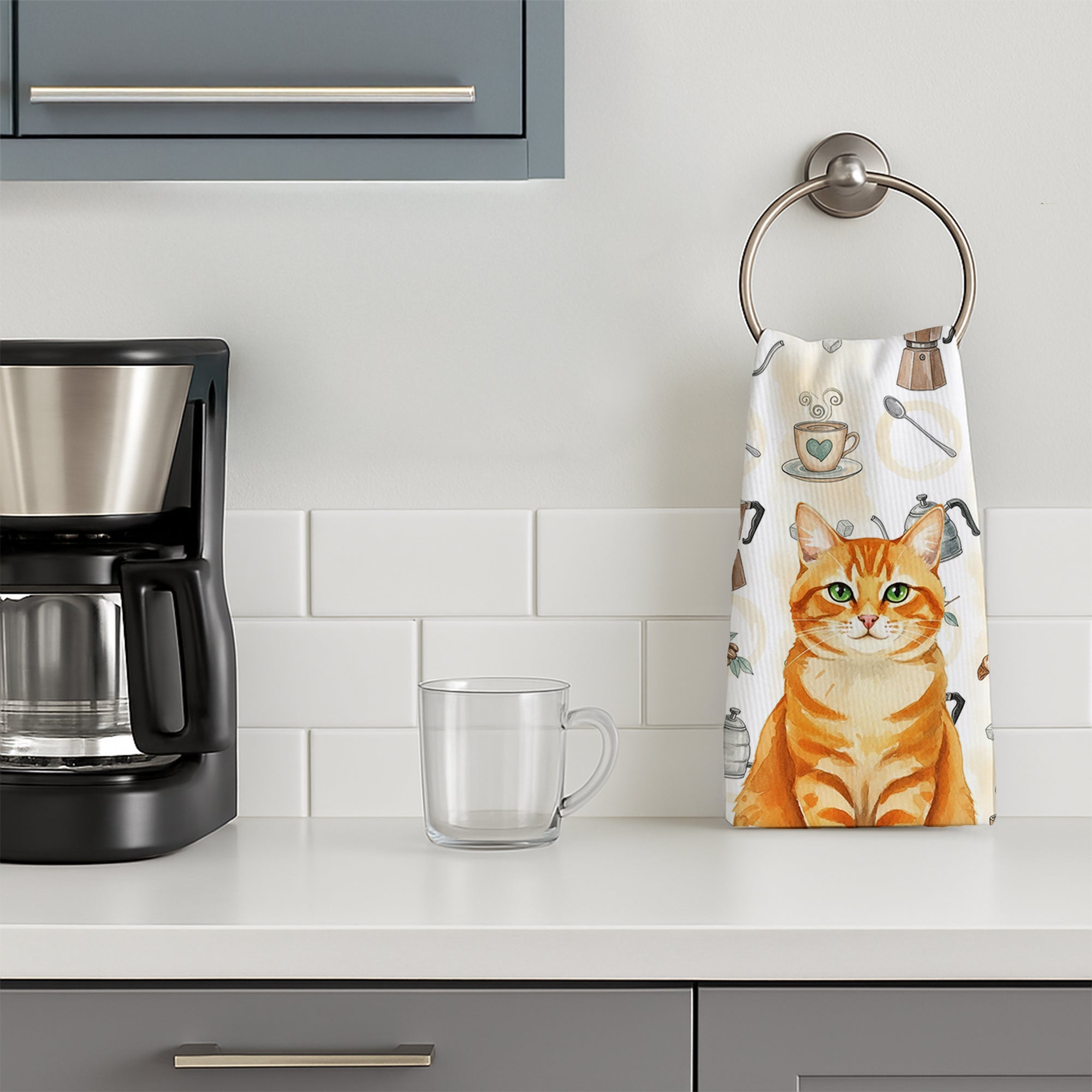 Orange Classic Tabby Cat Coffee Time Kitchen Towel Velour Plush Front and Cotton Loop Back Machine Washable