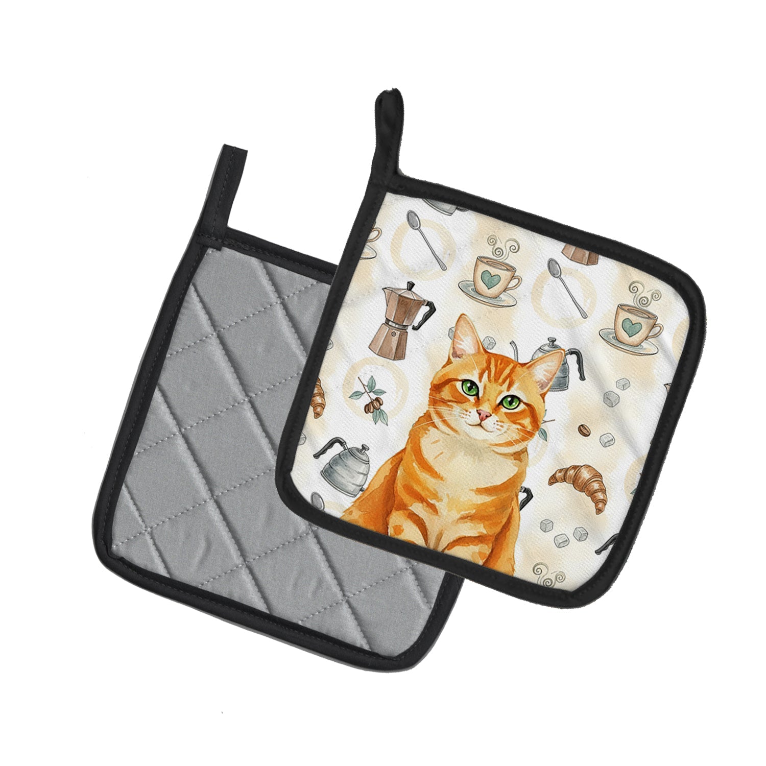 Orange Classic Tabby Cat Coffee Time Pot Holder Set of 2 Heat Resistant Quilted Hot Pads 7.5 x 7.5 Inch, Insulated Kitchen Trivets for Cooking & Baking