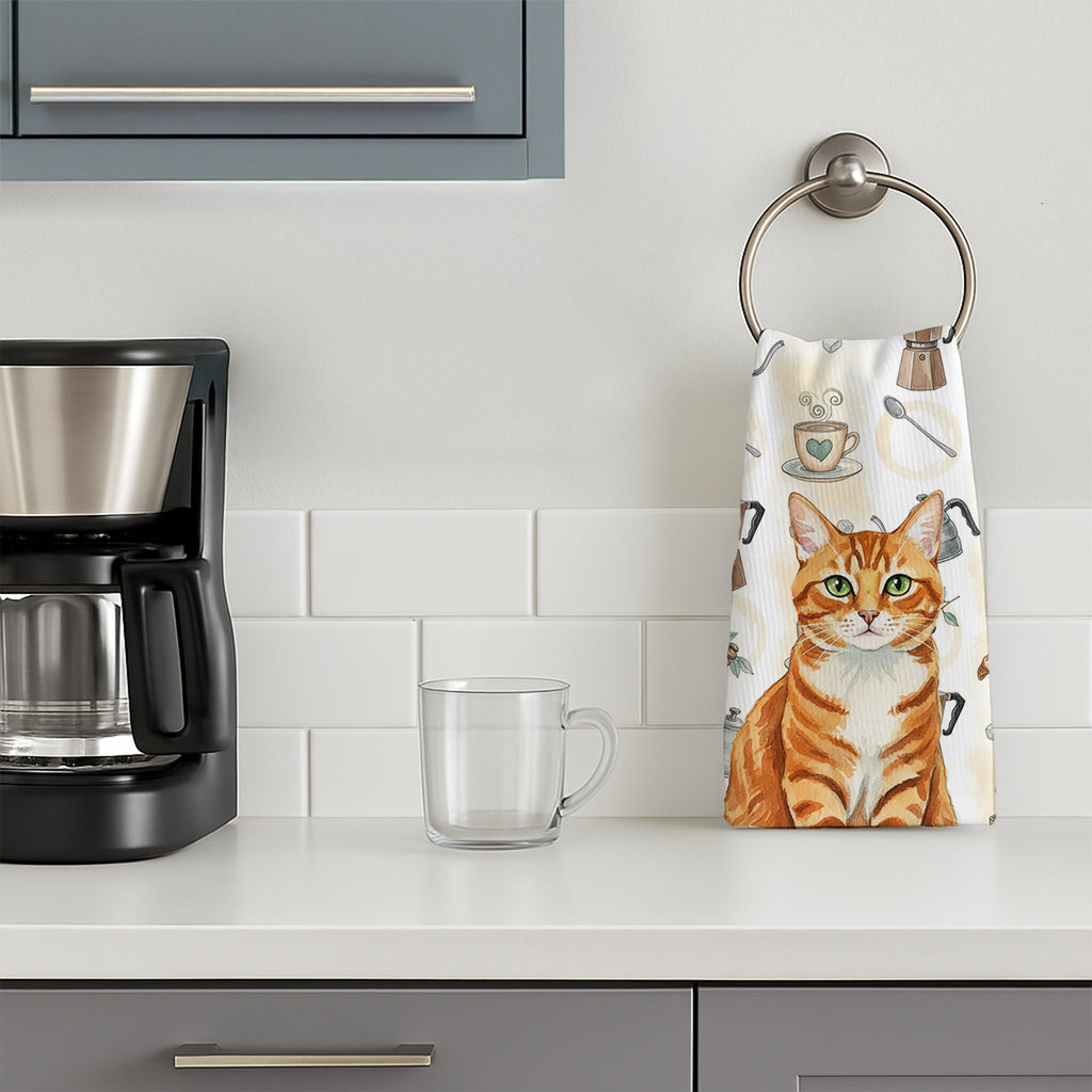 Orange Mackerel Tabby Cat Coffee Time Kitchen Towel Velour Plush Front and Cotton Loop Back Machine Washable