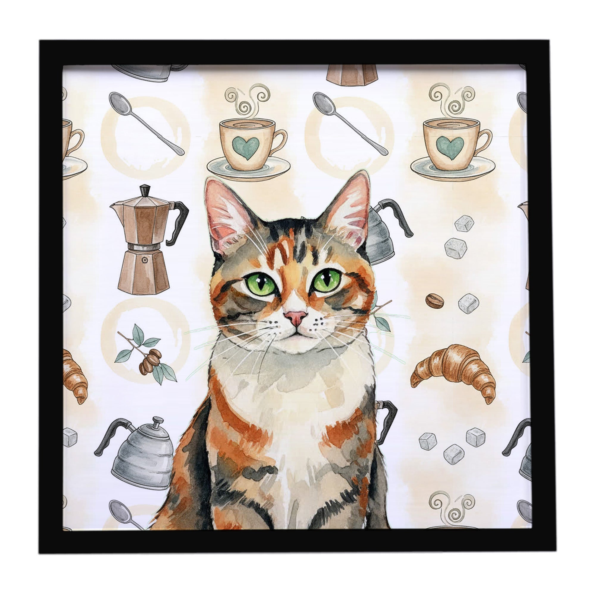 Patched Tabby Cat Coffee Time Framed Metal Print Bathroom, Kitchen, Office, Home Decor Wall Art Ready to Hang, Square, 8X8