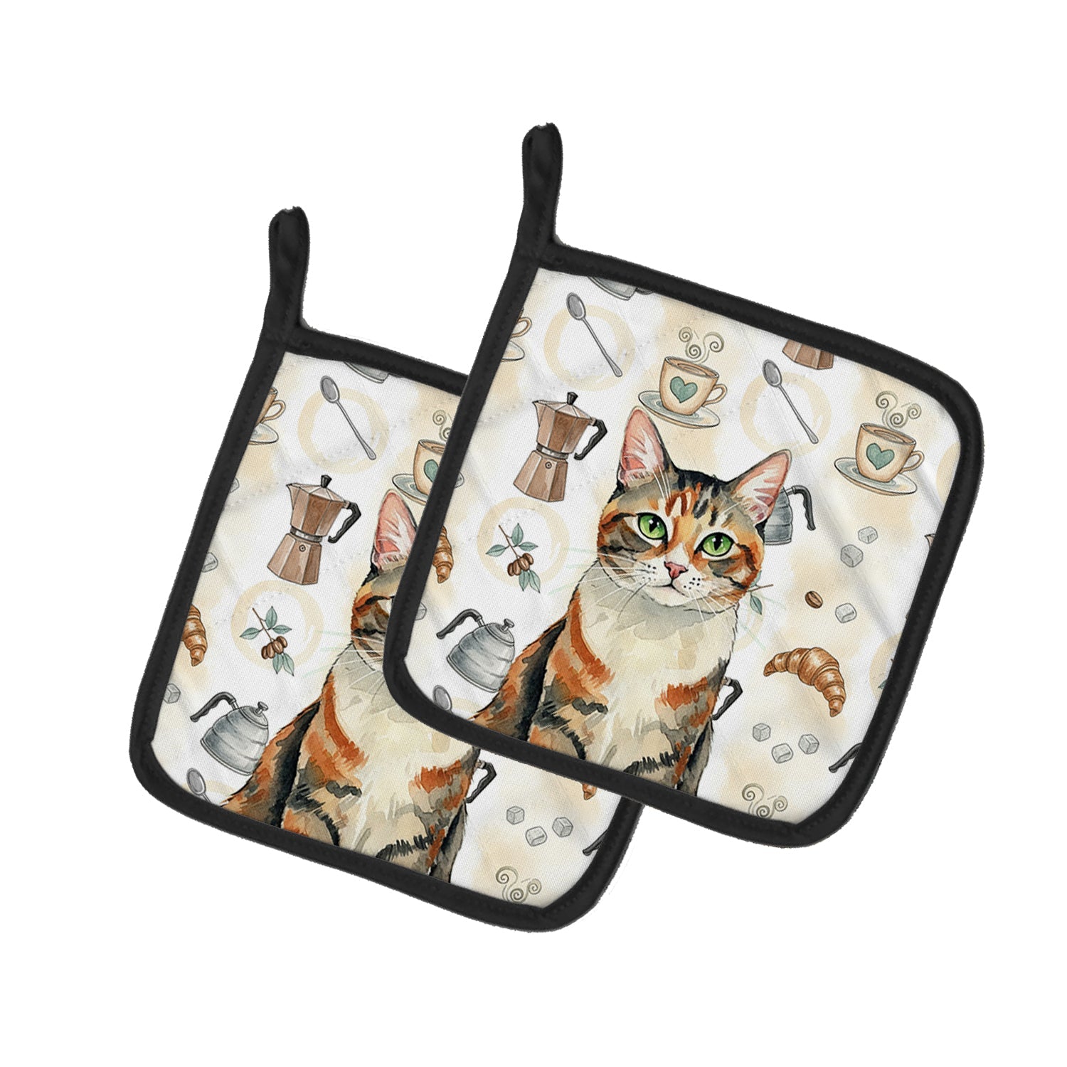 Patched Tabby Cat Coffee Time Pot Holder Set of 2 Heat Resistant Quilted Hot Pads 7.5 x 7.5 Inch, Insulated Kitchen Trivets for Cooking & Baking