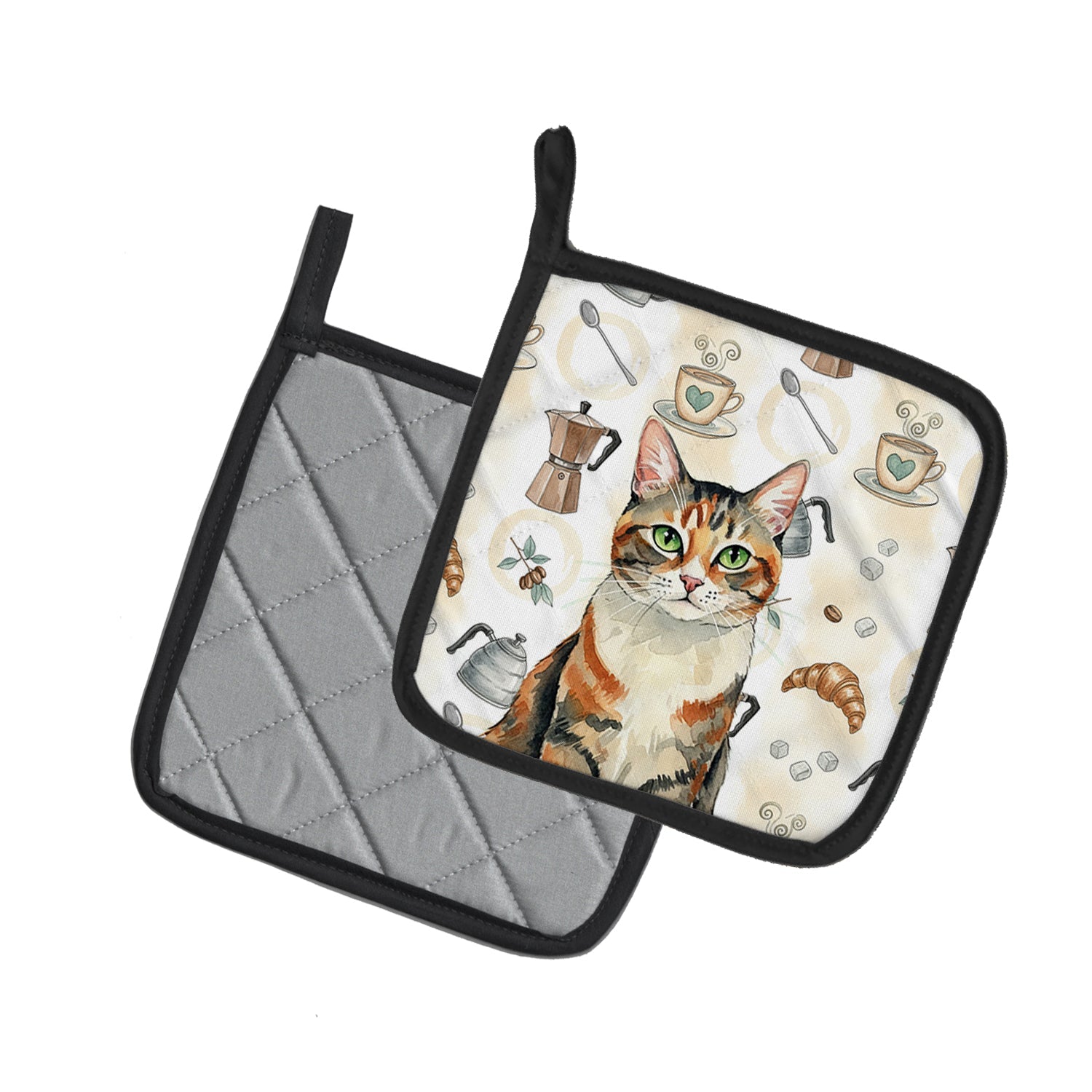 Patched Tabby Cat Coffee Time Pot Holder Set of 2 Heat Resistant Quilted Hot Pads 7.5 x 7.5 Inch, Insulated Kitchen Trivets for Cooking & Baking