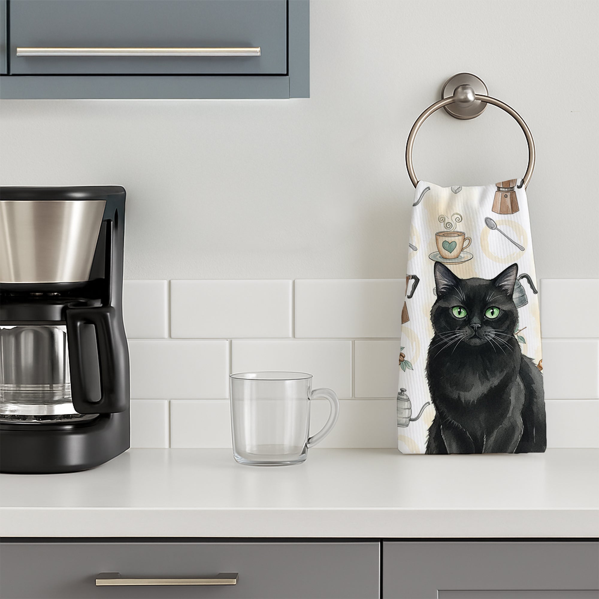 Persian Black Cat Coffee Time Kitchen Towel Velour Plush Front and Cotton Loop Back Machine Washable