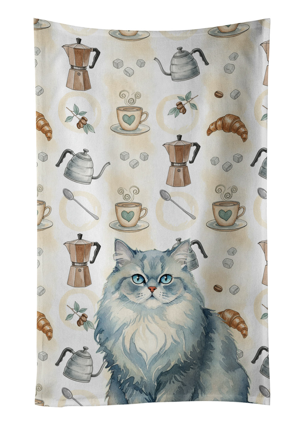 Persian Blue Cat Coffee Time Kitchen Towel Velour Plush Front and Cotton Loop Back Machine Washable