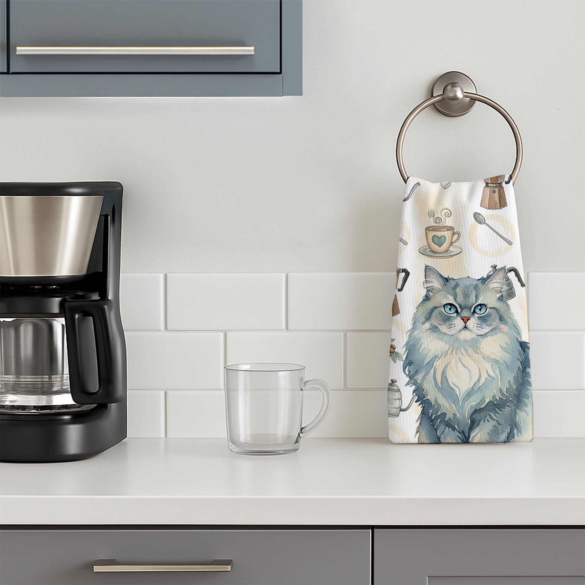 Persian Blue Cat Coffee Time Kitchen Towel Velour Plush Front and Cotton Loop Back Machine Washable