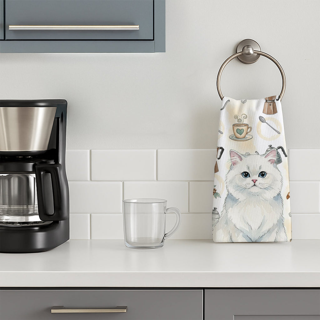 Persian White Cat Coffee Time Kitchen Towel Velour Plush Front and Cotton Loop Back Machine Washable