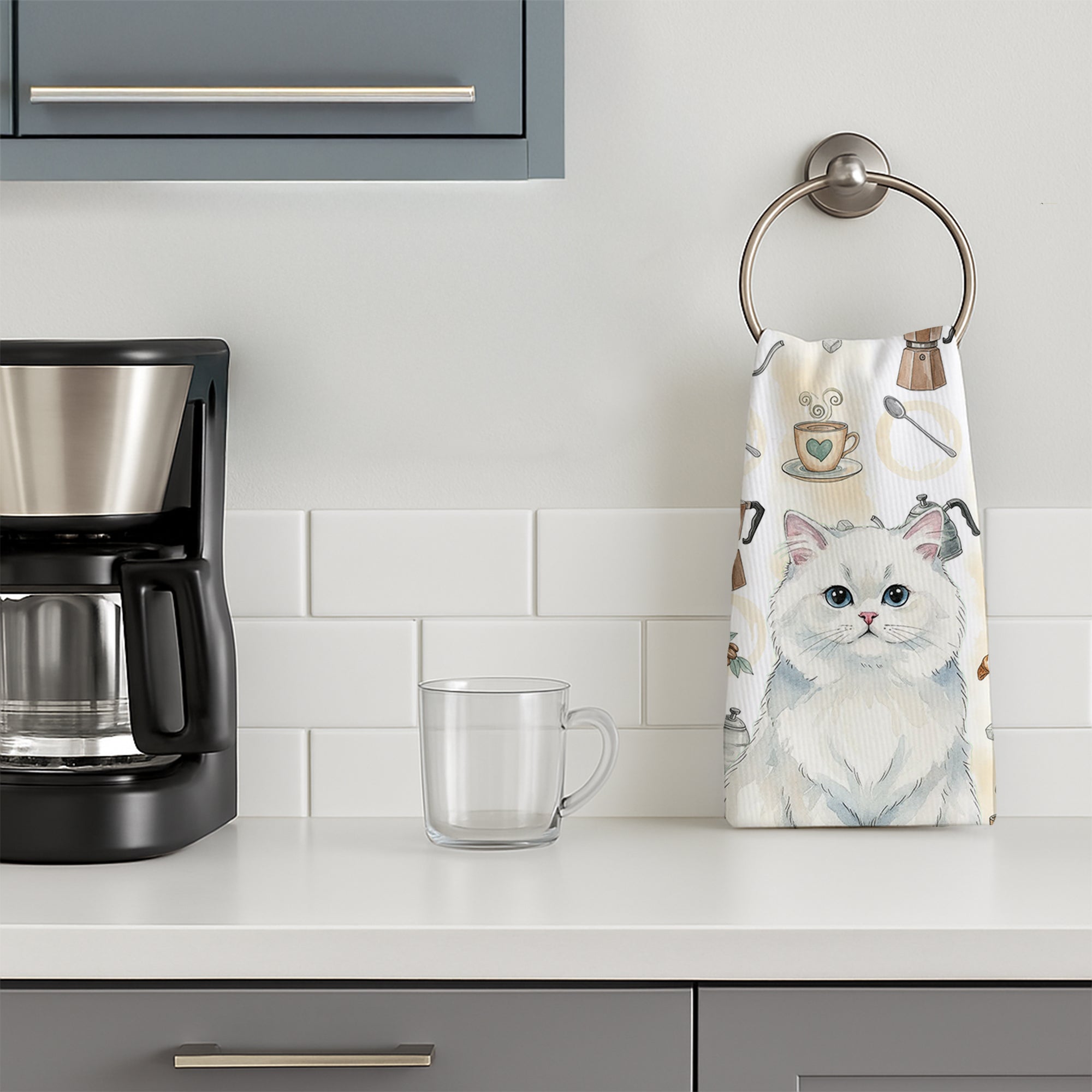 Persian White Cat Coffee Time Kitchen Towel Velour Plush Front and Cotton Loop Back Machine Washable