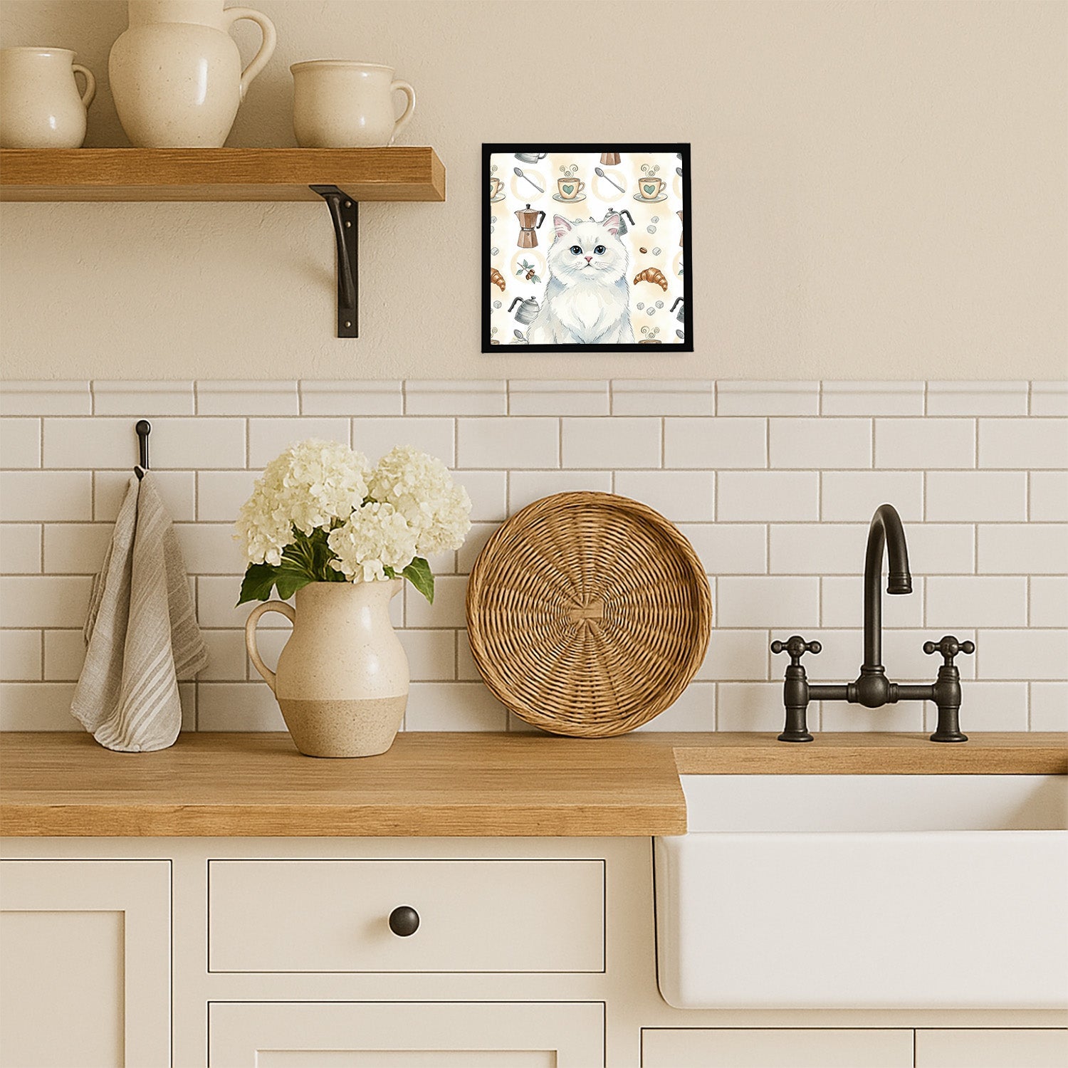 Persian White Cat Coffee Time Framed Metal Print Bathroom, Kitchen, Office, Home Decor Wall Art Ready to Hang, Square, 8X8