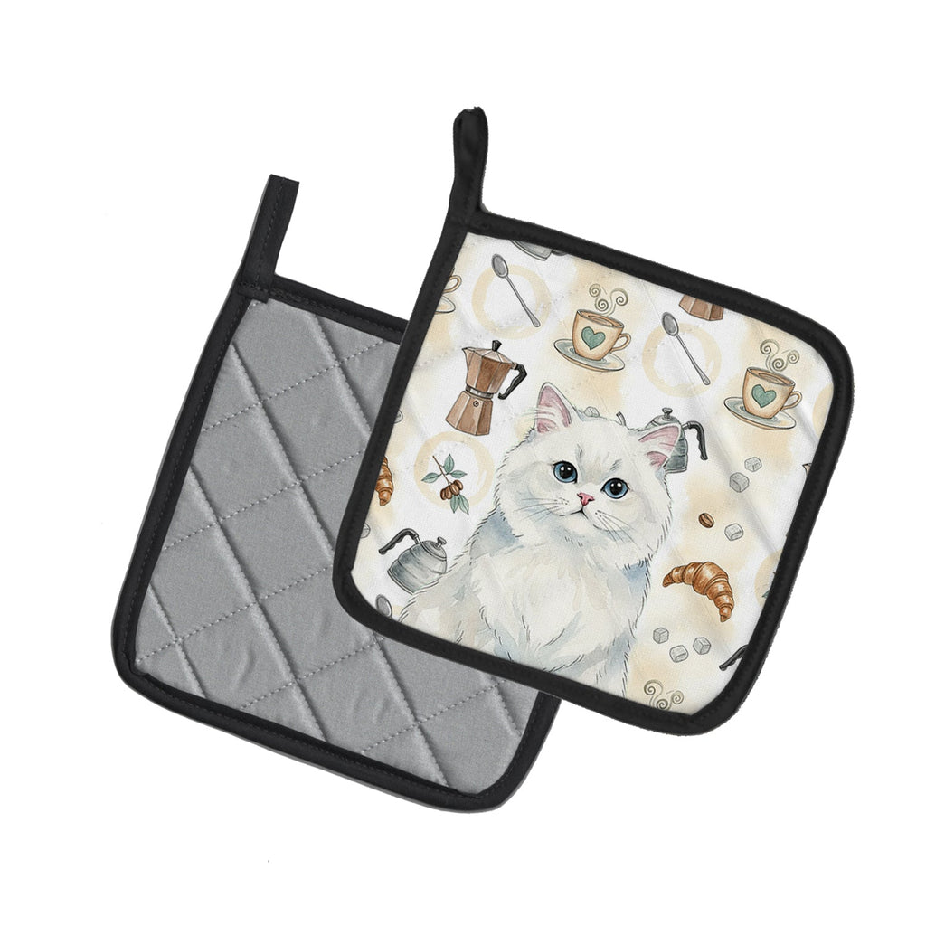 Persian White Cat Coffee Time Pot Holder Set of 2 Heat Resistant Quilted Hot Pads 7.5 x 7.5 Inch, Insulated Kitchen Trivets for Cooking & Baking