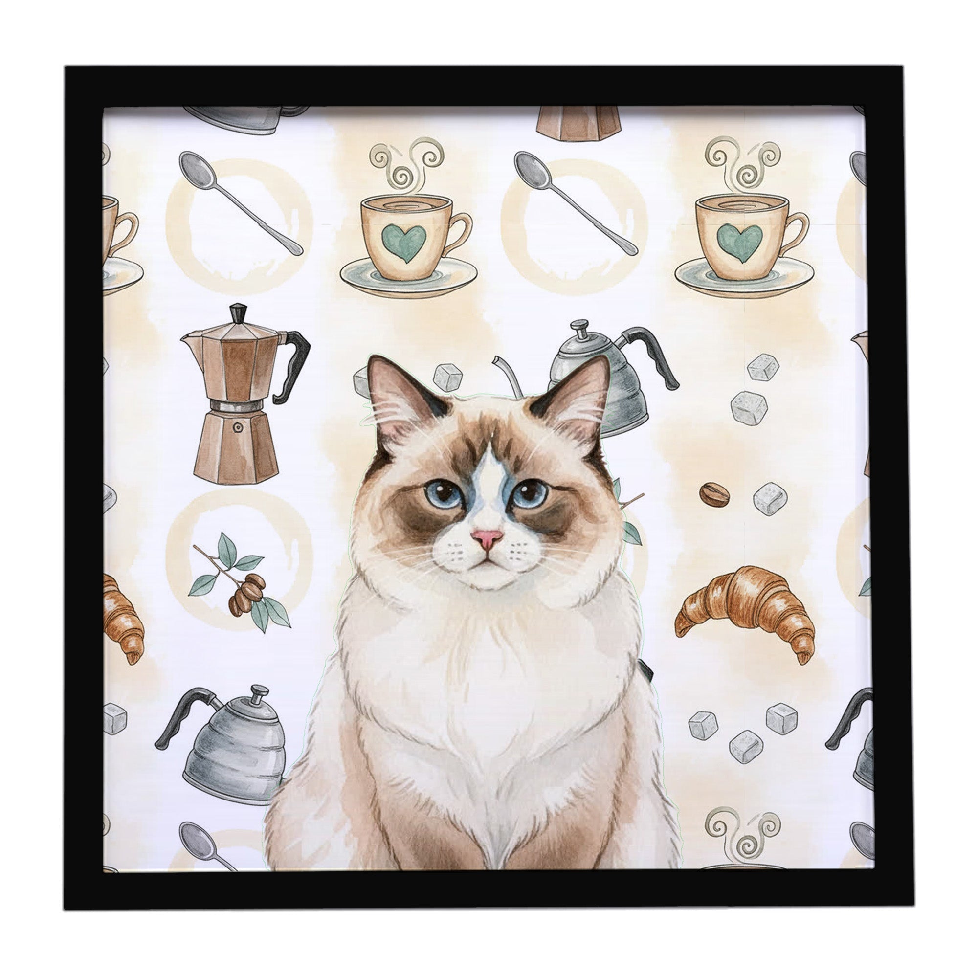 Ragdoll Bicolor Cat Coffee Time Framed Metal Print Bathroom, Kitchen, Office, Home Decor Wall Art Ready to Hang, Square, 8X8