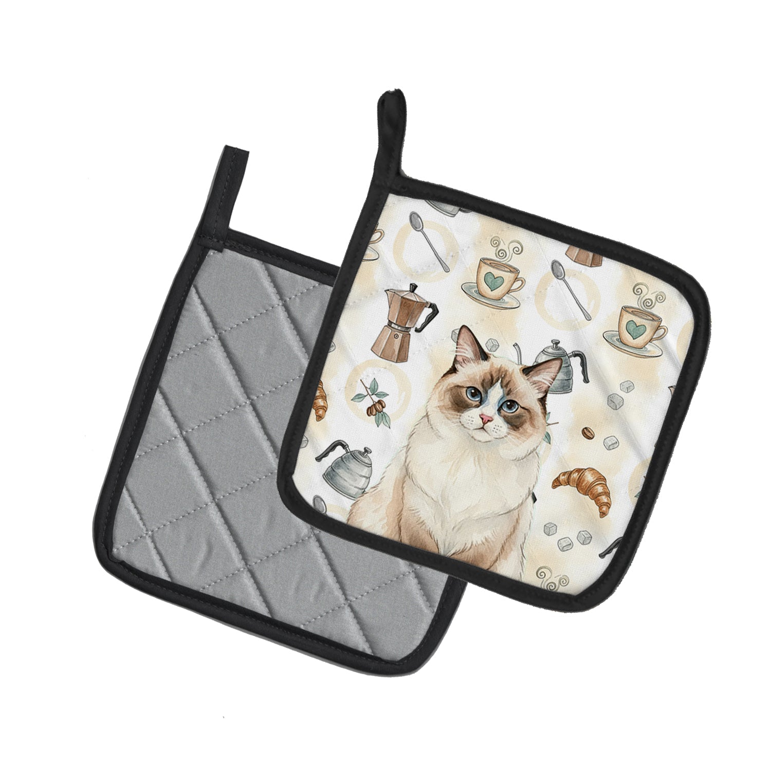 Ragdoll Bicolor Cat Coffee Time Pot Holder Set of 2 Heat Resistant Quilted Hot Pads 7.5 x 7.5 Inch, Insulated Kitchen Trivets for Cooking & Baking
