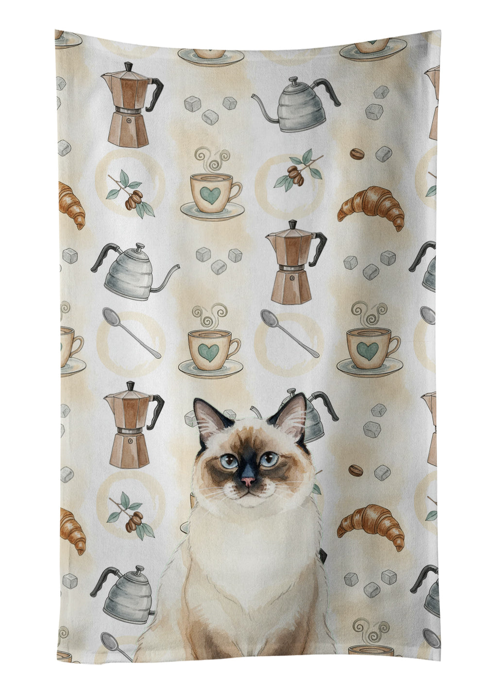 Ragdoll Seal Point Cat Coffee Time Kitchen Towel Velour Plush Front and Cotton Loop Back Machine Washable