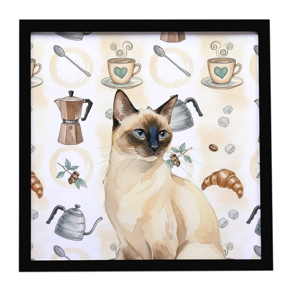 Seal Point Cat Coffee Time Framed Metal Print Bathroom, Kitchen, Office, Home Decor Wall Art Ready to Hang, Square, 8X8