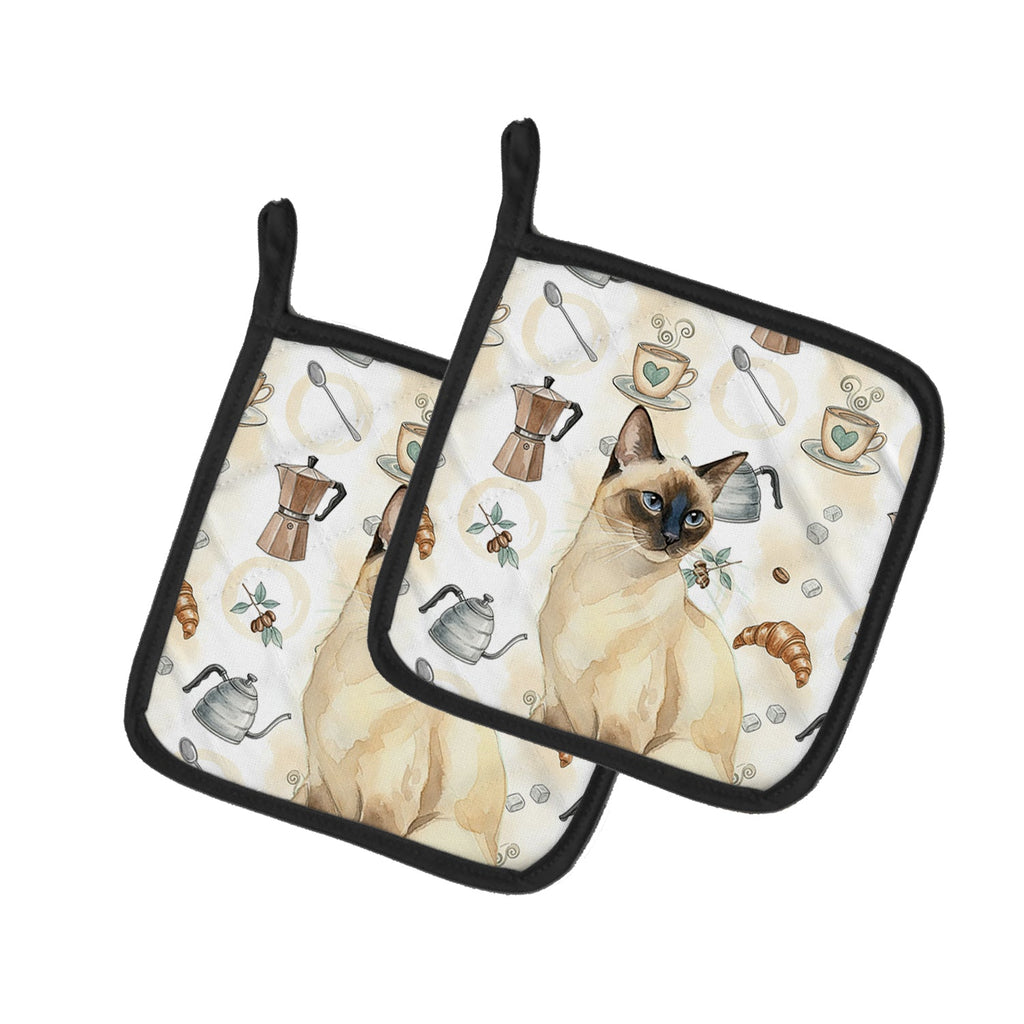 Seal Point Cat Coffee Time Pot Holder Set of 2 Heat Resistant Quilted Hot Pads 7.5 x 7.5 Inch, Insulated Kitchen Trivets for Cooking & Baking